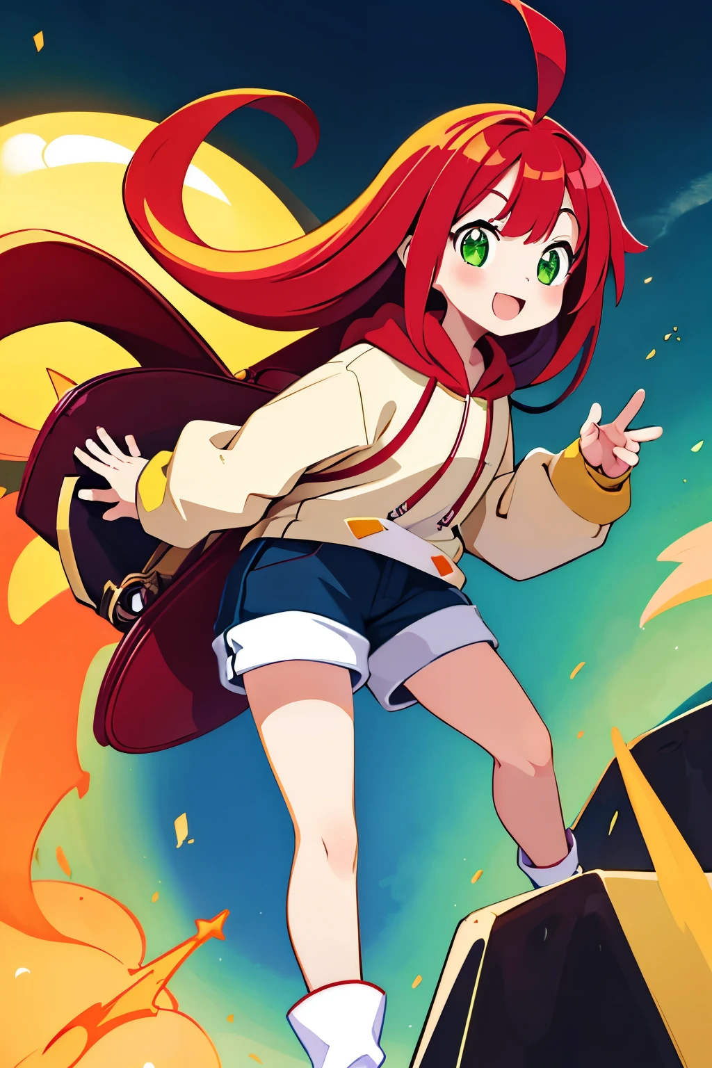  young baby face squishy cheeks smiling slanted eyes slightly open mouth red cheeks flowing bangs long flowing hair straight hair small ahoge long sideburns pale red hair yellow-green eyes white pupils white skin baggy hoodie hoodie is yellow hoodie Red shirt underneath Green shorts Brown leather boots Navy high socks Shoulder bag