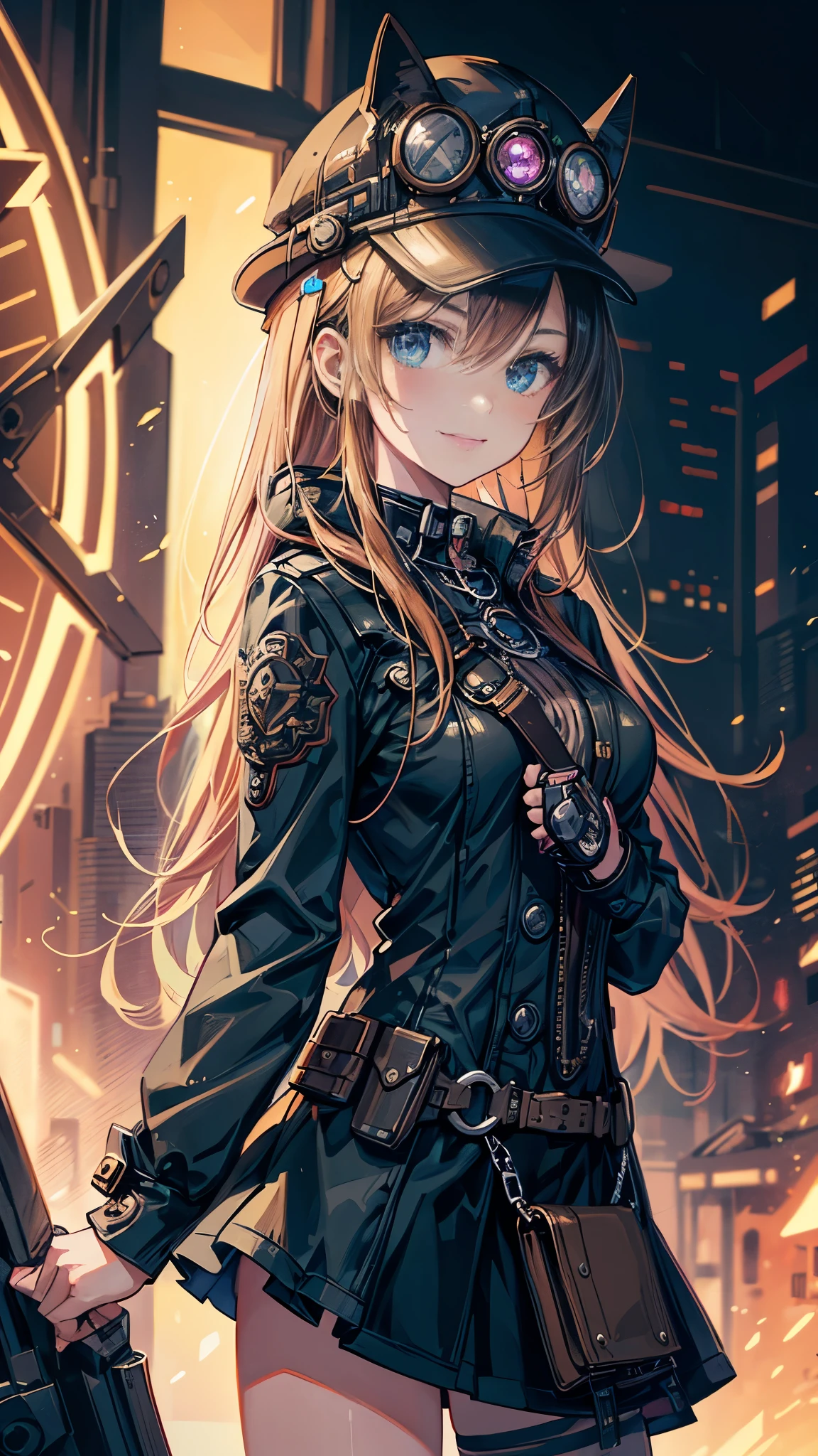 (comic book style),(line drawing_anime),(cowboy shot, highest quality, ),(Laura Budd Photo:1.2),(Laura Add Details:1.0),8k, flat color:0.8,1 girl,(smile 1.3)、(Highly decorative and complex mechanical steampunk fashion, lace flare dolphin hat、goggles 1.5、machinery background、Gear background、complex mechanized steampunk factory、1.5)