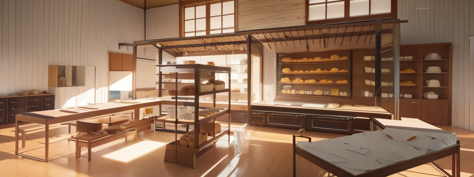 There is a room with a table, shelves, and a rack for plates, Encapsulated rendering, Render in enscape, final rendering, Rendering in Lumion pro, detailed architectural visualization render, Rendering in vray, Rendering in Lumion, photographic rendering, Fully detailed rendering, architectural visualization, bright rendering, architectural rendering, final rendering, Light rendering, presented in corona，people making bread，