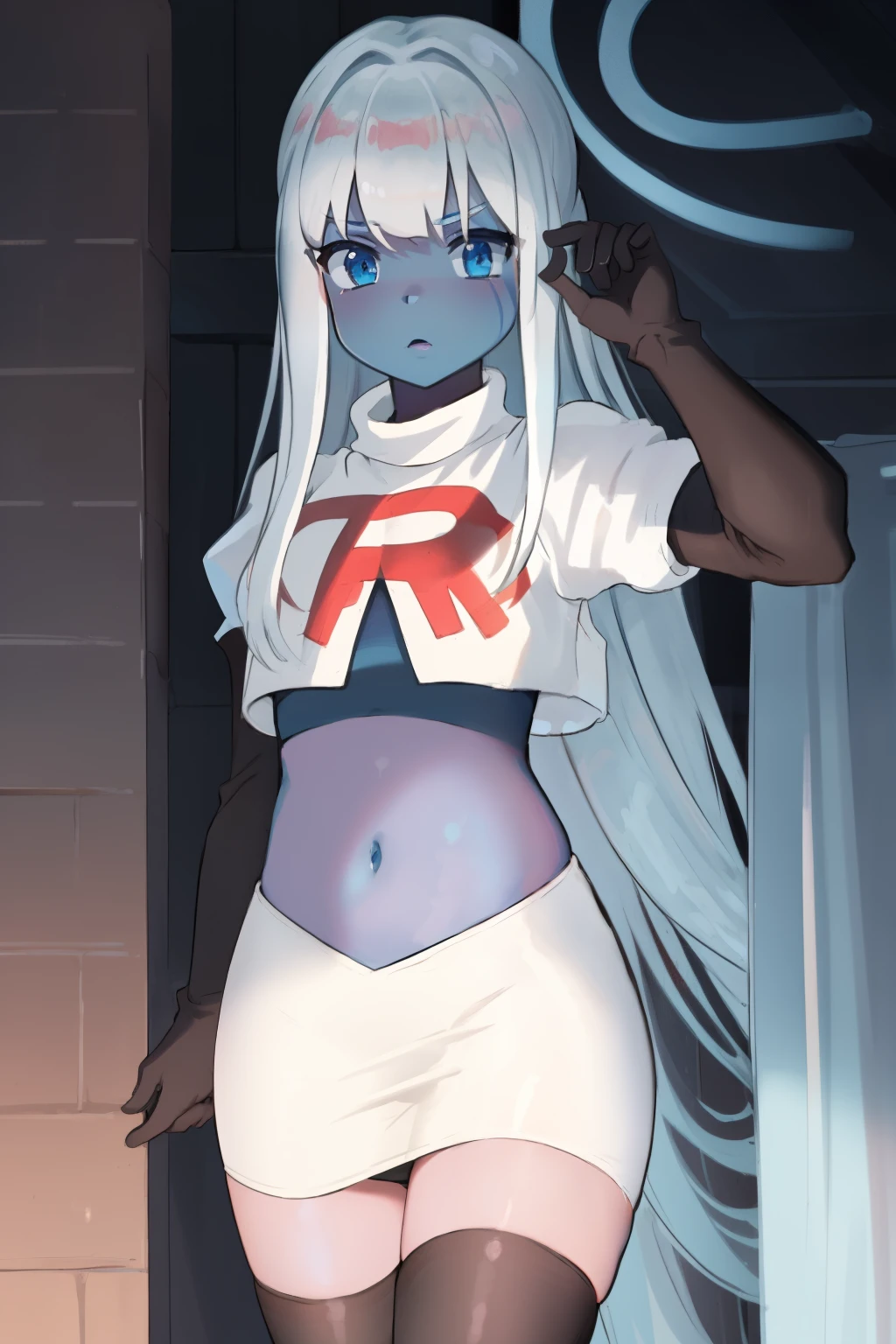 001,masterpiece,((blue skin)), team rocket,team rocket uniform,white skirt,red letter R,crop top,black thigh-highs,black elbow gloves