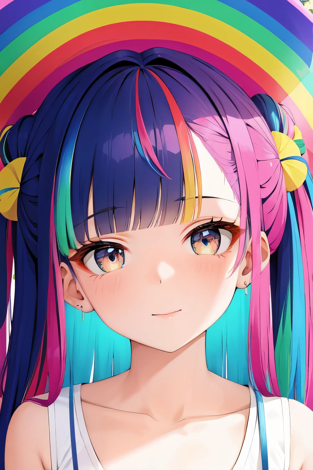 ((best quality)), ((masterpiece)), (detailed), perfect face a cute 18 years old girl Big eyes buried in colourful flowers rainbow colour hair rainbow colour skin showing her small sized 