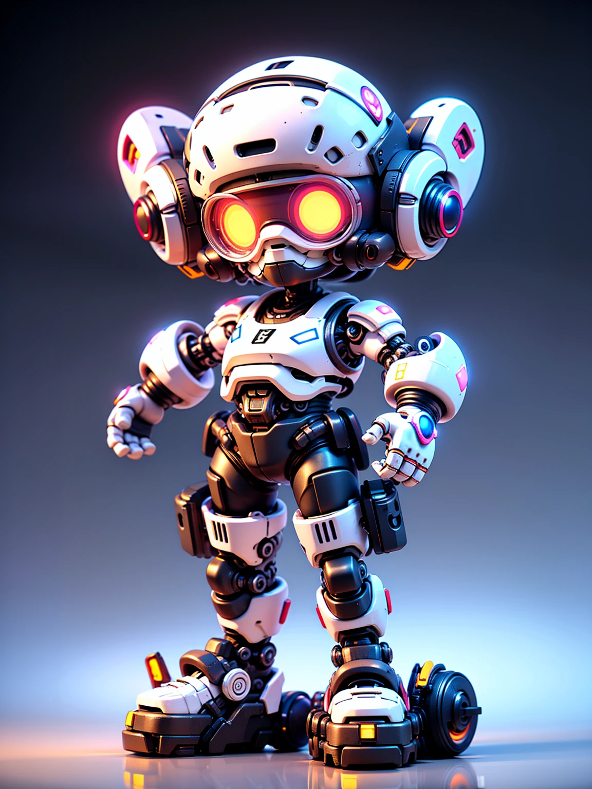 Pixar style, (Blind box toy style:1.2), (full-body shot) , 1 transparent and cute RoboCop doll, Transparent mecha, Exquisite helmet:1.2, Luminous goggles:1.2, Colorful neon lights, High-tech mechanical parts, Metal body, Detailed mechanical metal design, bright colors, Dynamic glow, Reflective metal surface, bright environment, dynamic poses, Exquisite presence, skill improved, interlocking mechanical gears, Stylish design, motion blur effect, Detailed metal processing, Sci-fi atmosphere, Streamlined aerodynamic shape, Laser scanning pattern, Holographic projection, LED light track, beautiful and unforgettable, Advanced sensors, complex algorithm, Ominous and mysterious atmosphere, electric spark, Shiny chrome plating, Propulsion systems of the future, Clean, White background, (global illumination, Ray tracing, high dynamic range, Unreal rendering,Reasonable design, high detail, masterpiece, best quality, ultra high definition, light)，Chibi，locomotive