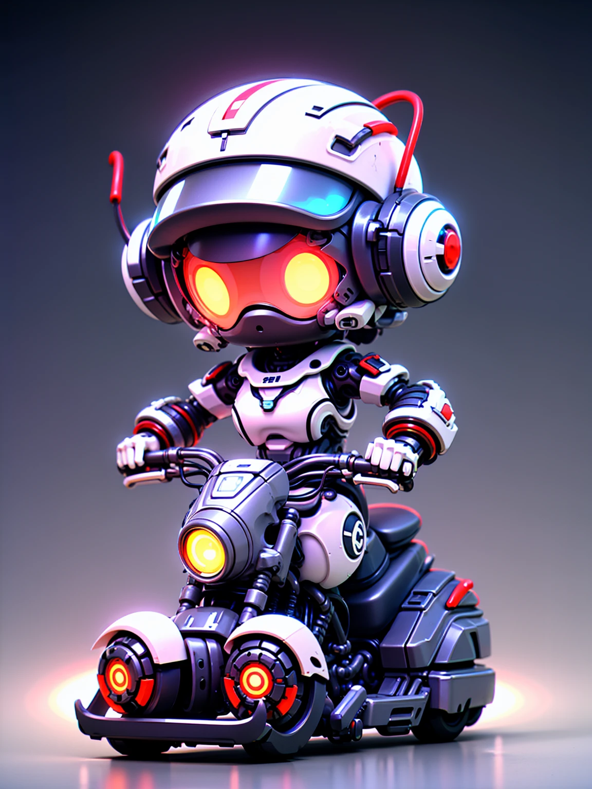 Pixar style, (Blind box toy style:1.2), (full-body shot) , 1 transparent and cute RoboCop doll, Transparent mecha, Exquisite helmet:1.2, Luminous goggles:1.2, Colorful neon lights, High-tech mechanical parts, Metal body, Detailed mechanical metal design, bright colors, Dynamic glow, Reflective metal surface, bright environment, dynamic poses, Exquisite presence, skill improved, interlocking mechanical gears, Stylish design, motion blur effect, Detailed metal processing, Sci-fi atmosphere, Streamlined aerodynamic shape, Laser scanning pattern, Holographic projection, LED light track, beautiful and unforgettable, Advanced sensors, complex algorithm, Ominous and mysterious atmosphere, electric spark, Shiny chrome plating, Propulsion systems of the future, Clean, White background, (global illumination, Ray tracing, high dynamic range, Unreal rendering,Reasonable design, high detail, masterpiece, best quality, ultra high definition, light)，Chibi，locomotive