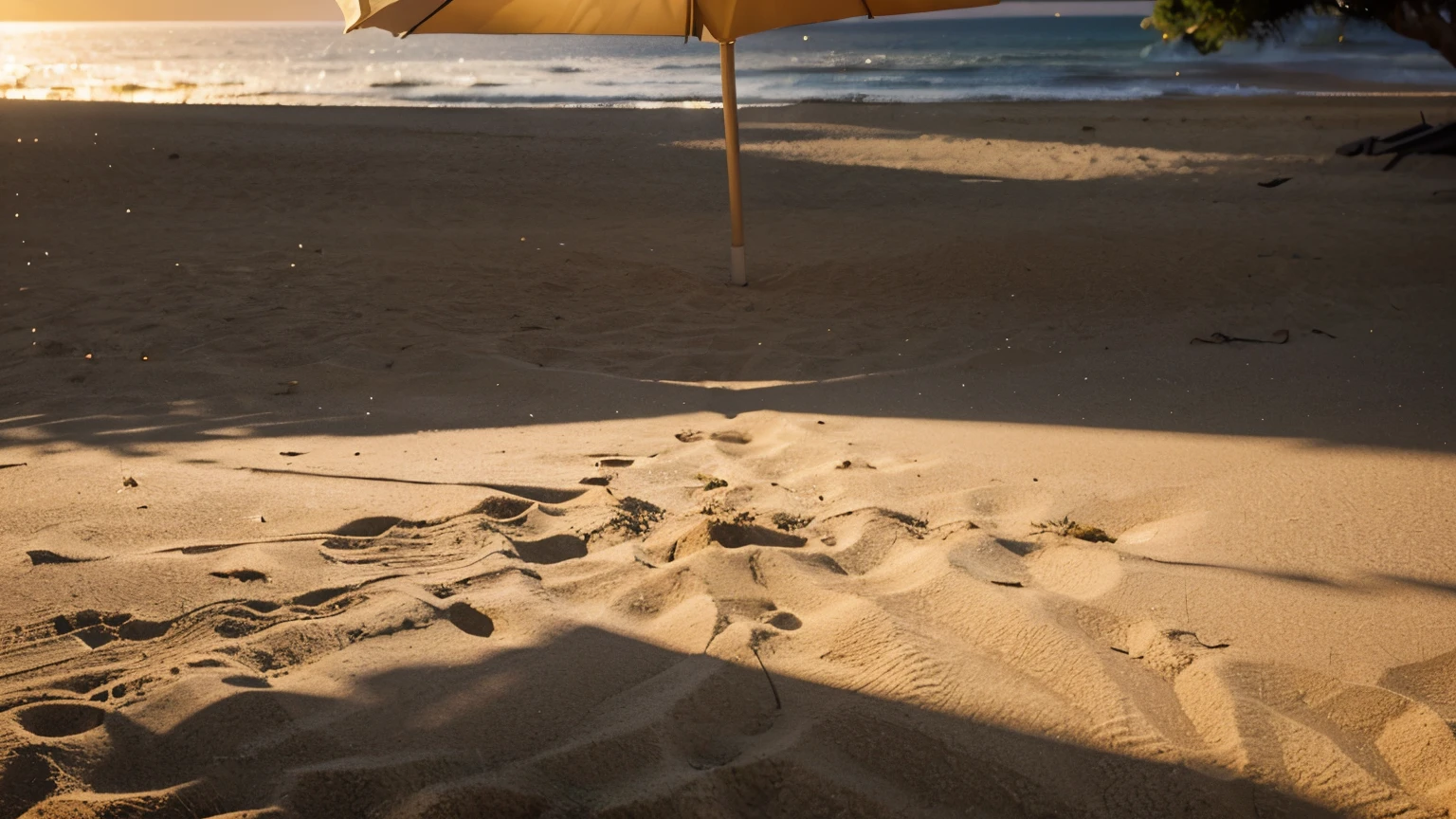 Intricately textured beach umbrellas cast intricate, geometric shadows on the golden sand. Bathed in the warm glow of the setting sun, the shadows intertwine like a dance of light and dark, creating a mesmerizing display. The image, likely a photograph, captures the vibrant colors and patterns with remarkable clarity and depth. Each umbrella's unique design and the interplay of light and shadow evoke a sense of tranquility and artistry, making this a visually stunning and captivating composition.