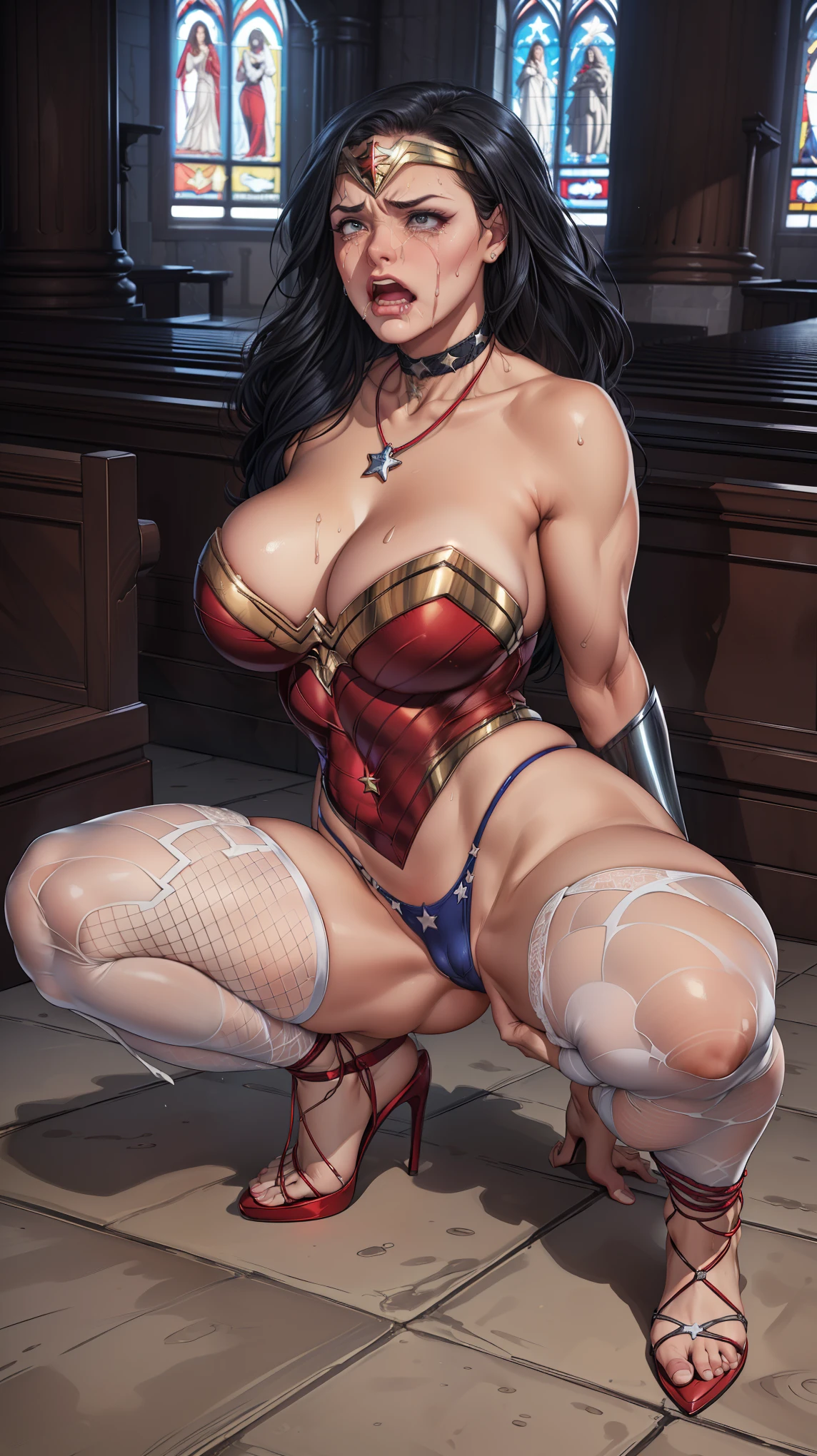 (((SUPERHEROINE WONDER WOMAN esta vestindo lingerie rendada branca, white fishnet pantyhose, stilettos high heels brancos, usando veu de noiva))), ((It is on the altar of the church, forced to marry))), ((estuprada, surrada, humilhada, derrotada)) ,((SUPERHEROINE mulher maravilha IS A FILTHY OLD WHORE)), ((emotional expression,expression of pain and despair, gritando de dor, expression of suffering, wide-eyed Wonder Woman is squatting, on tiptoe), (She's crying a loa tem cabelo preto, ela tem cabelo longo)), ((She wears a thick metal necklace around her neck..)), (obra-prima, melhor qualidade) 1.5, 1 garota, sozinho, (sexy, mulher bonita, rosto perfeito, olhos perfeitos), corpo inteiro. ((She is wearing white starry lace panties)), tears running down your face)), ((Mulher Maravilha em cativeiro, arms tied behind the back, shibari, painful restraint by ropes), (((emotional expression,expression of pain and despair, gritando de dor, expression of suffering, olhos arregalados, expression of fear))).