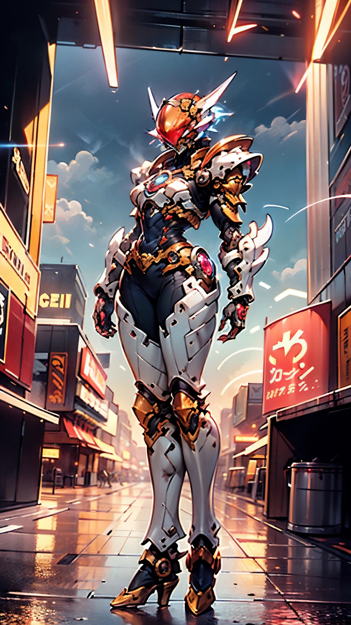 A woman adorned in fantasy-style full-body armor, a crown-concept fully enclosed helmet that unveils only her eyes, a composite layered chest plate, fully encompassing shoulder and hand guards, a lightweight waist armor, form-fitting shin guards, the overall design is heavy-duty yet flexible, ((the armor gleams with a golden glow, complemented by red and blue accents)), exhibiting a noble aura, she floats above a fantasy-surreal high-tech city, this character embodies a finely crafted fantasy-surreal style armored hero in anime style, exquisite and mature manga art style, (Queen bee mixed with Spider concept Armor, plasma, blood), ((Element, energy, elegant, goddess, femminine:1.5)), metallic, high definition, best quality, highres, ultra-detailed, ultra-fine painting, extremely delicate, professional, anatomically correct, symmetrical face, extremely detailed eyes and face, high quality eyes, creativity, RAW photo, UHD, 32k, Natural light, cinematic lighting, masterpiece-anatomy-perfect, masterpiece:1.5