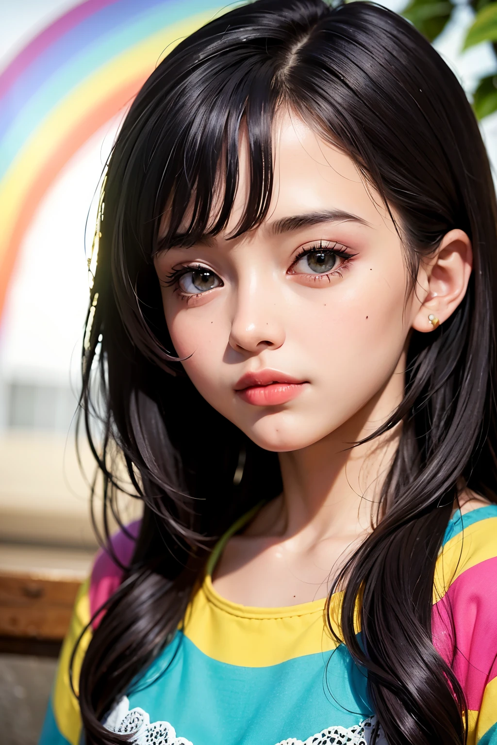 ((best quality)), ((masterpiece)), (detailed), perfect face a cute 18 years old girl Big eyes buried in colourful flowers rainbow colour hair rainbow colour skin showing her small sized
