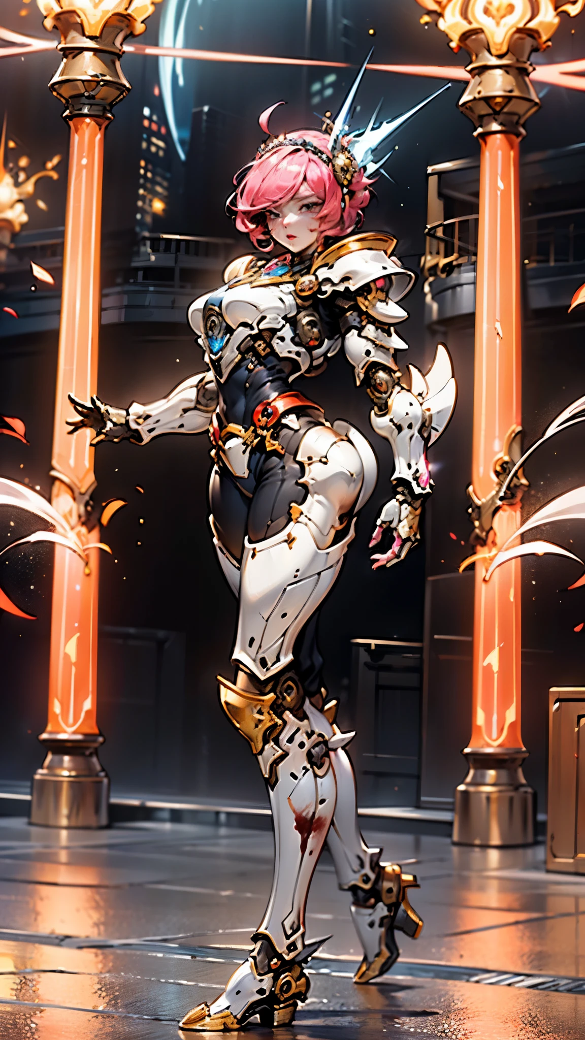 A woman adorned in fantasy-style full-body armor, a crown-concept fully enclosed helmet that unveils only her eyes, a composite layered chest plate, fully encompassing shoulder and hand guards, a lightweight waist armor, form-fitting shin guards, the overall design is heavy-duty yet flexible, ((the armor gleams with a golden glow, complemented by red and blue accents)), exhibiting a noble aura, she floats above a fantasy-surreal high-tech city, this character embodies a finely crafted fantasy-surreal style armored hero in anime style, exquisite and mature manga art style, (Queen bee mixed with Spider concept Armor, plasma, blood), ((Element, energy, elegant, goddess, femminine:1.5)), metallic, high definition, best quality, highres, ultra-detailed, ultra-fine painting, extremely delicate, professional, anatomically correct, symmetrical face, extremely detailed eyes and face, high quality eyes, creativity, RAW photo, UHD, 32k, Natural light, cinematic lighting, masterpiece-anatomy-perfect, masterpiece:1.5