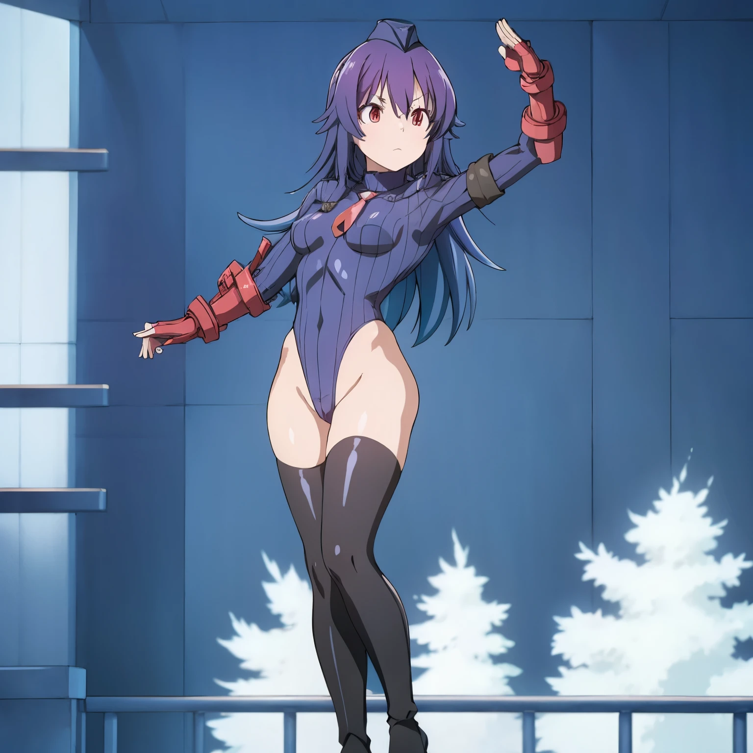 ultra-detailed, Explicit, Beautiful body, Beautiful Nose, Beautiful character design, perfect eyes, perfect face, ultra highres, 4K, beautiful legs, perfect legs, Nice hands, Perfect hand, Masterpiece, Best Quality, Highly detailed, illustration, absurdres, perfect anatomy, street fighter, doll suit, shadaloo doll, dollsuit, expressionless, blank eyes, looking at viewer, red gloves, emotionless, black latex, corrution, mind control, female combatant, full body, hypnotized, unhappy trance, full body suit, ribbed bodysuit, both arms at side, obey, perfect female body, extremely glossy latex, hypnosis, hypnoLora, empty eyes, Mind control device, poses, submissive_pose, Slave, standing straight, standing, standing at attention, hat, necktie, belt, latex, ribbed bodysuit, thighhighs, garter belt, Fighting Stance, extending the right arm from the shoulder into the air with a straightened hand, military, thigh boots, 1girl, hair ornaments, (((pixel-perfect, detail-perfect))), solo, Umika Konohoshi, blue hair, long hair, red eyes, small breasts, Hoshikuzu Telepath, saluting, salute, military saluting