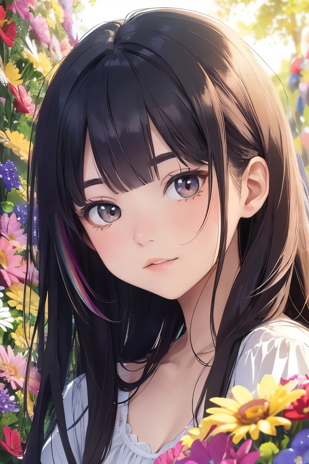 ((best quality)), ((masterpiece)), (detailed), perfect face a cute 18 years old girl Big eyes buried in colourful flowers rainbow colour hair rainbow colour skin showing her small sized