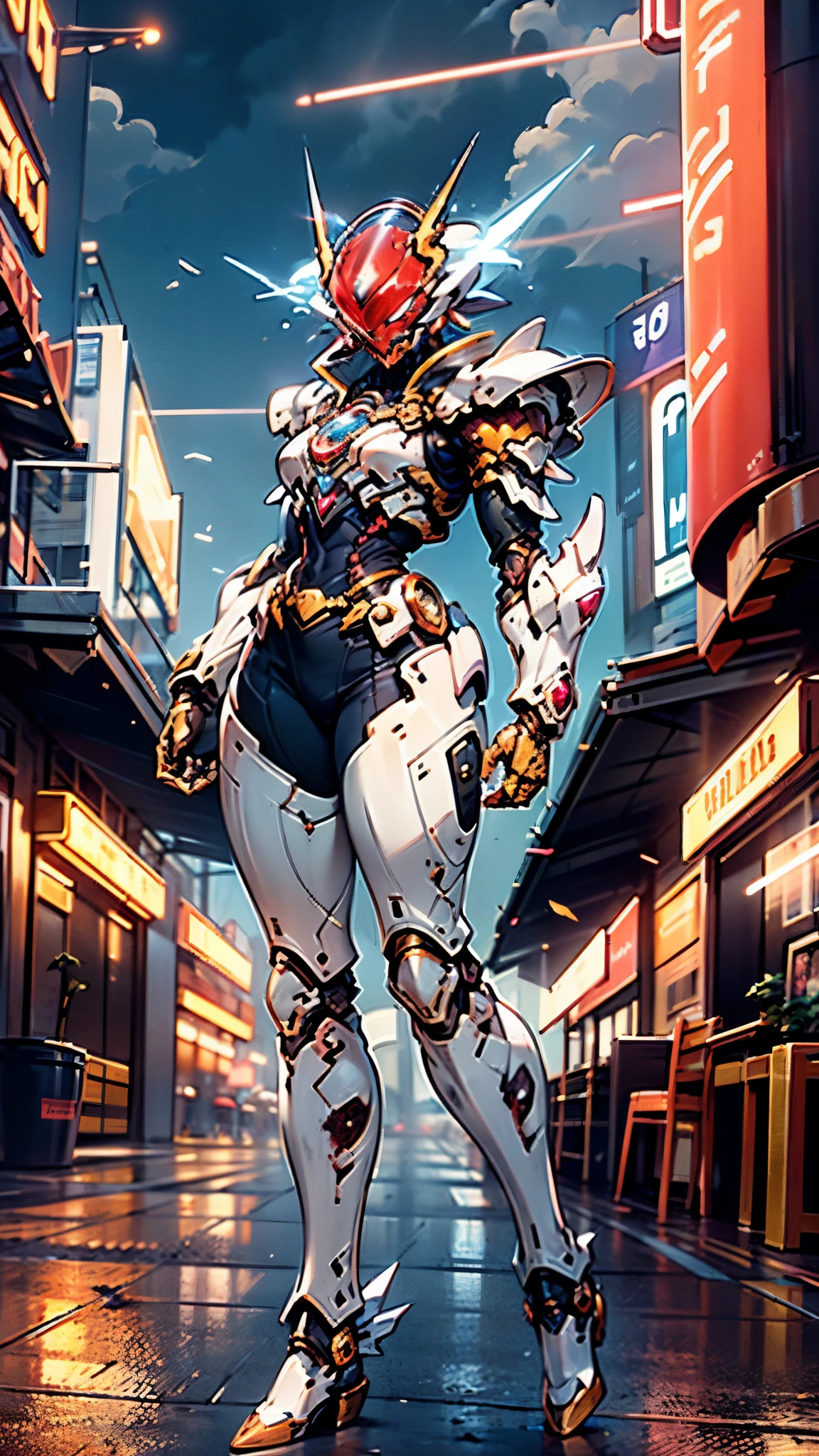 A woman adorned in fantasy-style full-body armor, a crown-concept fully enclosed helmet that unveils only her eyes, a composite layered chest plate, fully encompassing shoulder and hand guards, a lightweight waist armor, form-fitting shin guards, the overall design is heavy-duty yet flexible, ((the armor gleams with a golden glow, complemented by red and blue accents)), exhibiting a noble aura, she floats above a fantasy-surreal high-tech city, this character embodies a finely crafted fantasy-surreal style armored hero in anime style, exquisite and mature manga art style, (Queen bee mixed with Spider concept Armor, plasma, blood), ((Element, energy, elegant, goddess, femminine:1.5)), metallic, high definition, best quality, highres, ultra-detailed, ultra-fine painting, extremely delicate, professional, anatomically correct, symmetrical face, extremely detailed eyes and face, high quality eyes, creativity, RAW photo, UHD, 32k, Natural light, cinematic lighting, masterpiece-anatomy-perfect, masterpiece:1.5