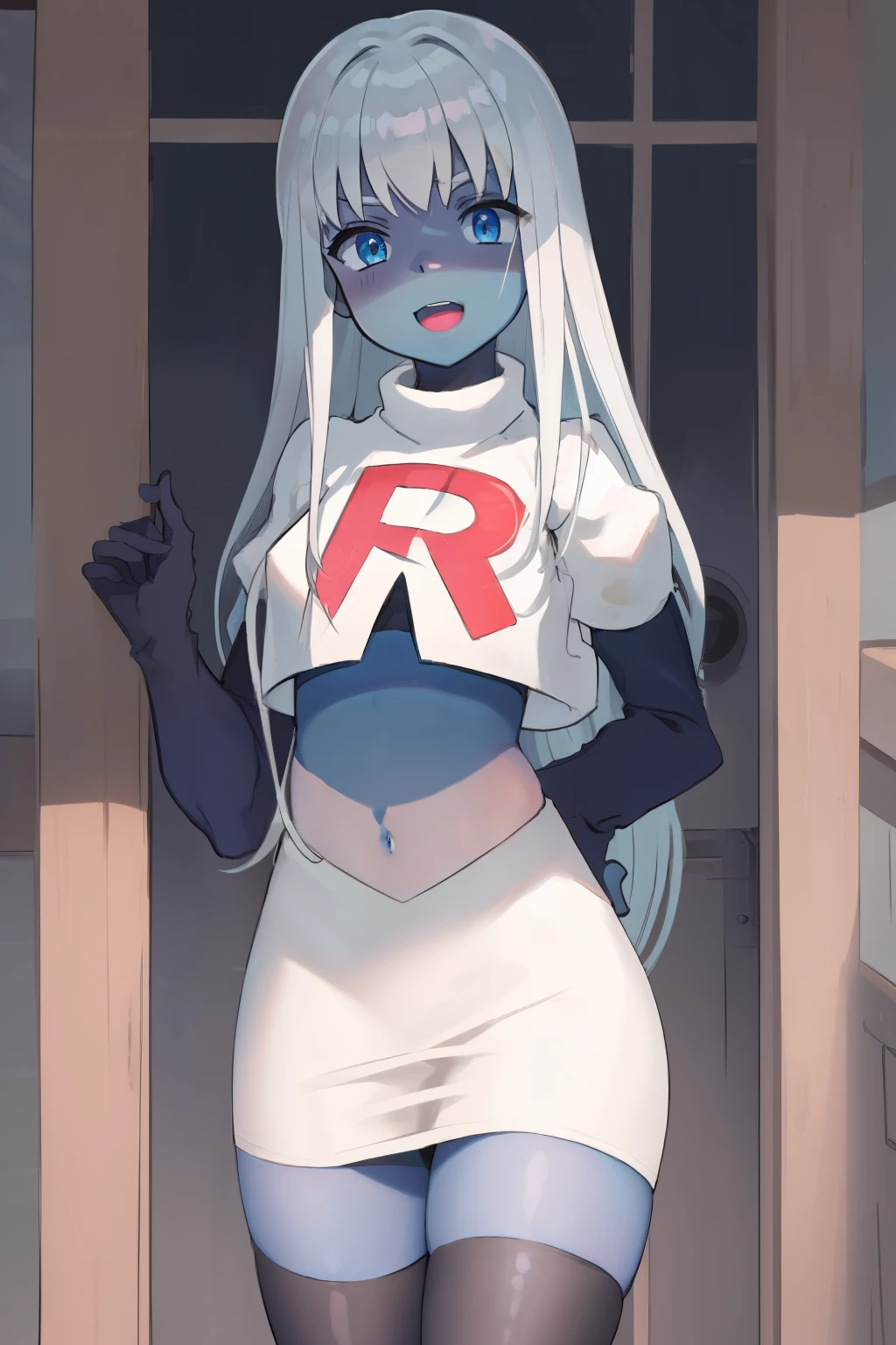 001,masterpiece,((blue skin)), team rocket,team rocket uniform,white skirt,red letter R,crop top,black thigh-highs,black elbow gloves