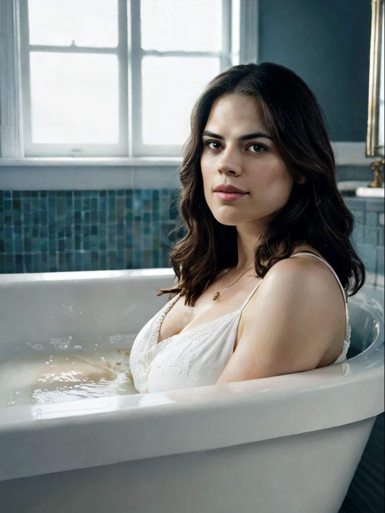 (Thirty year old) Kelly Thiebaud, standing beside a (large bathtub full of vanilla pudding:1.2), long legs, dreamy photo, looking straight at camera, slight smile, full lips, Canon, (Detailed features::1.2), real life. Hayley Atwell, intricate, 8k, highly detailed, (extremely detailed CG unity 8k wallpaper), ((square jaw)), (well defined jaw), (downturned lips), (detailed anatomy), Hyperrealistic full shot body image, trending on CGSociety, Intricate, High Detail, Sharp focus, dramatic, volumetric lighting, vibrant, warm colours, digital painting, intense, modelshoot style, (extremely detailed CG unity 8k wallpaper), full shot body photo of the most beautiful artwork in the world, pearl skin, professional majestic oil painting