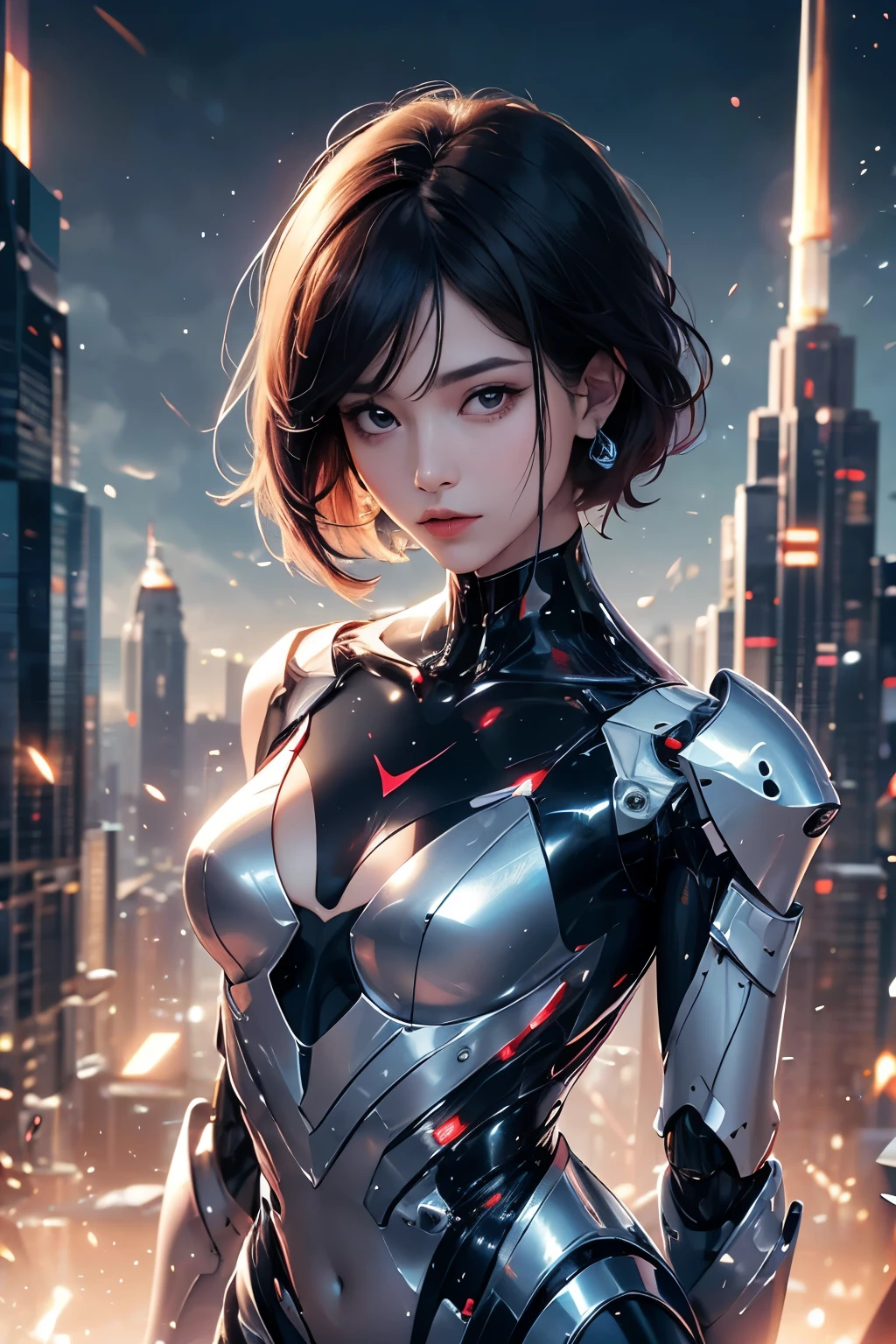 a robot in a cyber suit is standing near a building holding a sword, 1girl, solo, looking at viewer, upper body, short hair, breasts, black hair, lips,Precisely expresses details such as face and skin texture,beautiful eye, double eyelid,delicate skin,slender body shape,alone