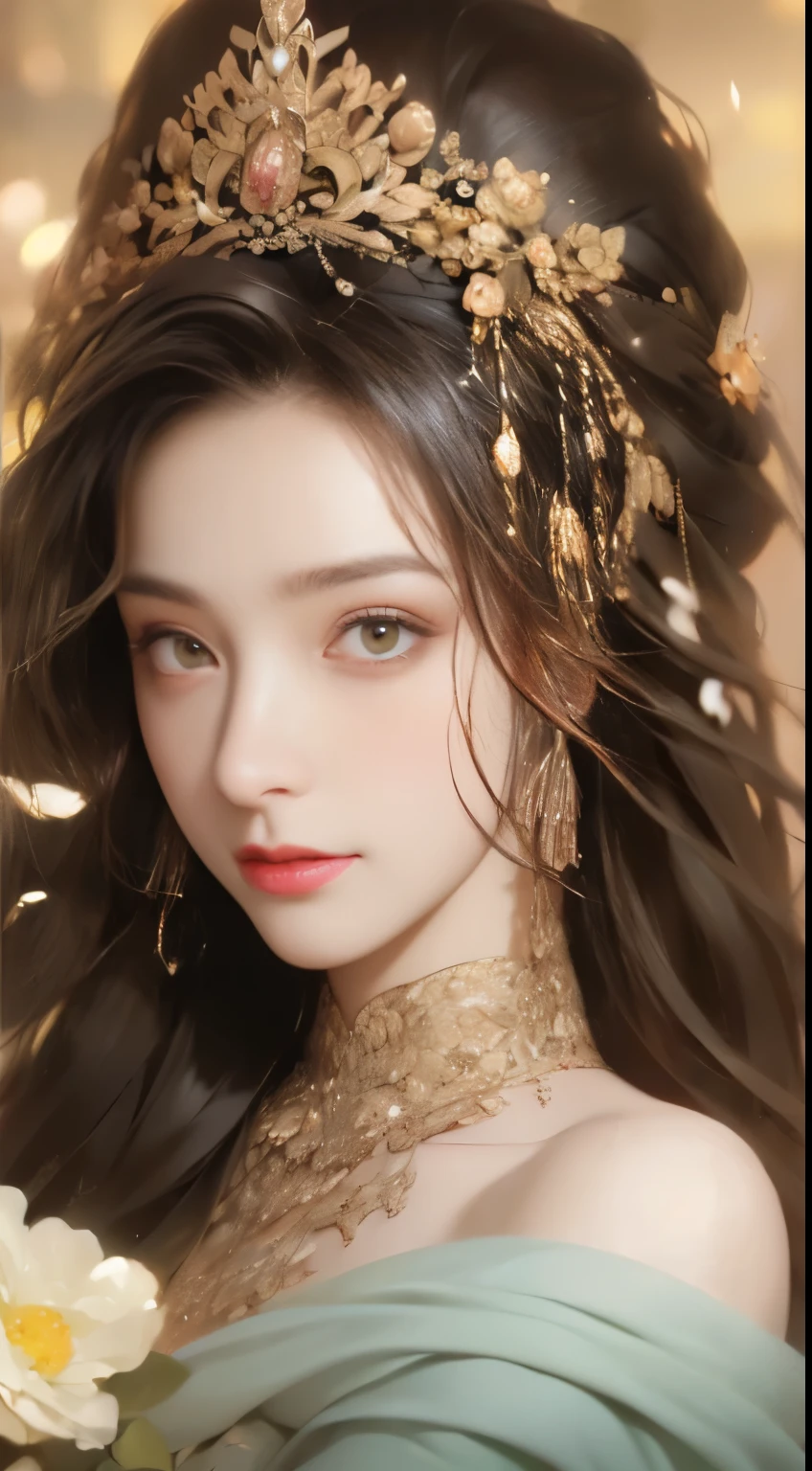 Portrait of a 27-year-old saint,Charming adult saint in a long dress made of thin silk, beautiful saint with an old face, adult, wearing a thin multicolored silk dress, beautiful face without blemishes, (((Smile gently:1.4))), ((7-color hair length:1.2)), big crown, hair brooch, hanfu dress, chinese ancient style, full body jewelry, forehead tattoo, super even chest, face, innocent face, The most beautiful and detailed light red lipstick, ((Thin plump lips:0.3)), delicate pink and white eyes (white and detailed) cinematic, light and dark, dramatic lighting, magical light, extremely detailed light, true color, super sharp, realistic, 8k quality, fantasy universe background, saints and magical space, the most detailed images, ((Solo:0.3)), ((a saintess:0.6)), ((looking directly at the saint's upper body:0.4)), ((smooth skin:0.5)),