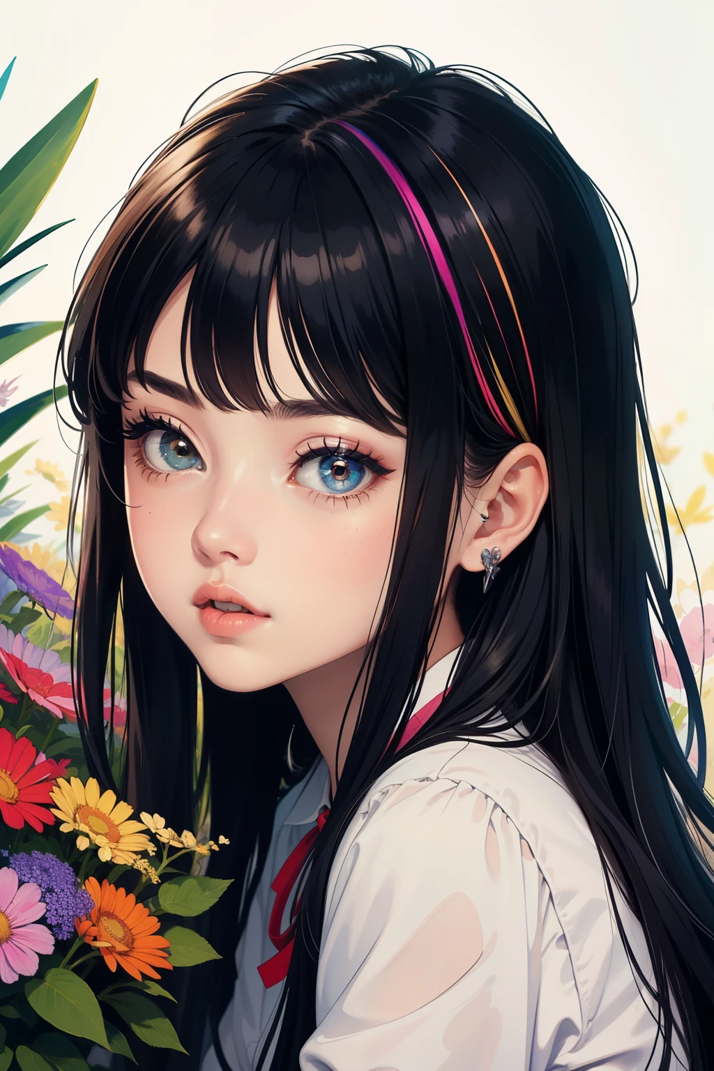 ((best quality)), ((masterpiece)), (detailed), perfect face a cute 18 years old girl Big eyes buried in colourful flowers rainbow colour hair rainbow colour skin showing her small sized