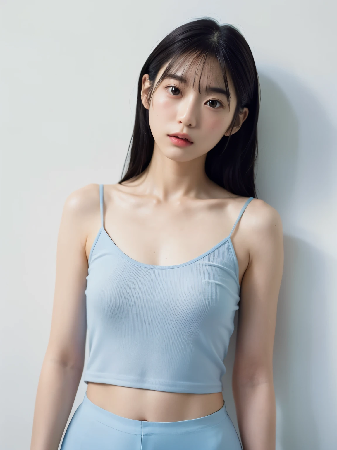 see-through tops,camisole、(背景にwhite wall、Part of her hair is sky blue:1.4)、white wall、Taken in front of the white door、(窓のあるwhite wallの部屋)、((highest quality、8k、masterpiece:1.3))、ultra high resolution、(photogenuineistic:1.4)、RAW photo、Japanese,(face)、genuine、Photographed in natural light、Highly detailed face and skin texture、highly detailed lips、correct state of the human body、medium hair、black hair、various poses、natural color lip
