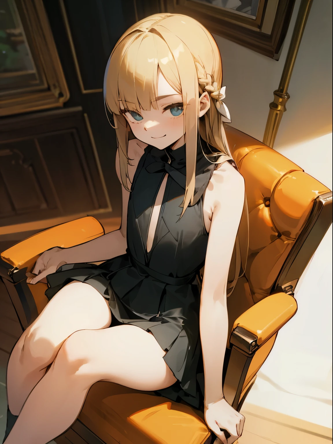 Reines, 1girl, high quality, best quality, illustration, masterpiece, (highly detailed:1.2), (extremely detailed:1.3), flat chest, sleeveless, young girl, mini skirt, braid, (children:1.2), slender thighs, , in a house, sitting on chair, smiling