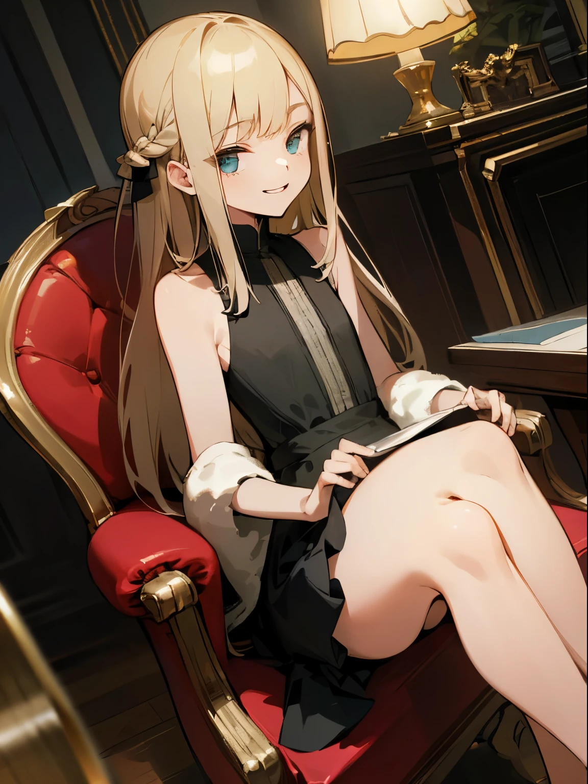 Reines, 1girl, high quality, best quality, illustration, masterpiece, (highly detailed:1.2), (extremely detailed:1.3), flat chest, sleeveless, young girl, mini skirt, braid, (children:1.2), slender thighs, , in a house, sitting on chair, smiling