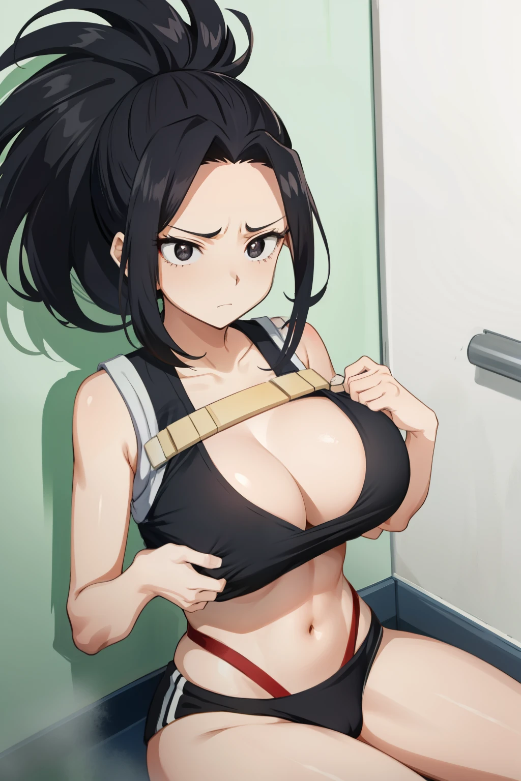 momo mha,yaoyorozu momo,  long hair, solo, black eyes, ponytail, black hair with big breast wearing sports bra is shy and angrier expression with red face hiding her breast and touching her breast while pooping on toilet with stomach ache
