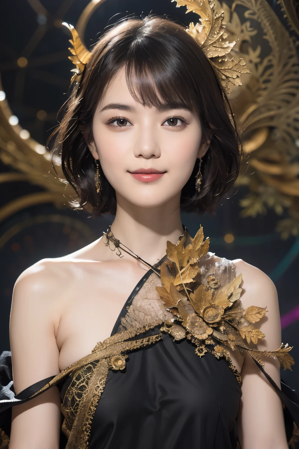 172
Shorthair, a 20 yo woman, gentle smile, abstract, (entangle:1.2), (background is fractal design:1.46)