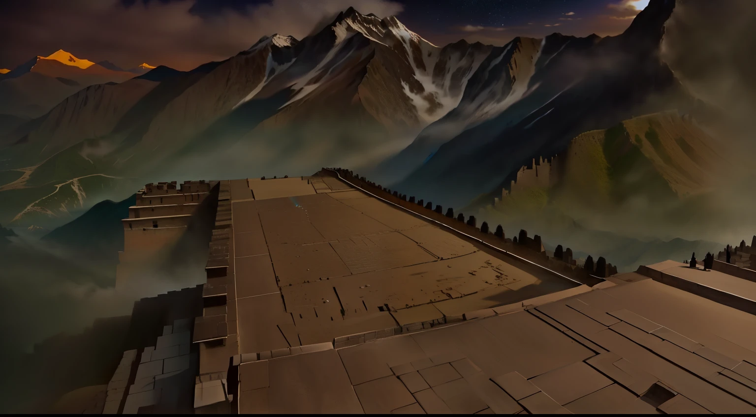 Standing on the ancient city wall,surrounded by mountains,no one in the screen,very grand,sad,