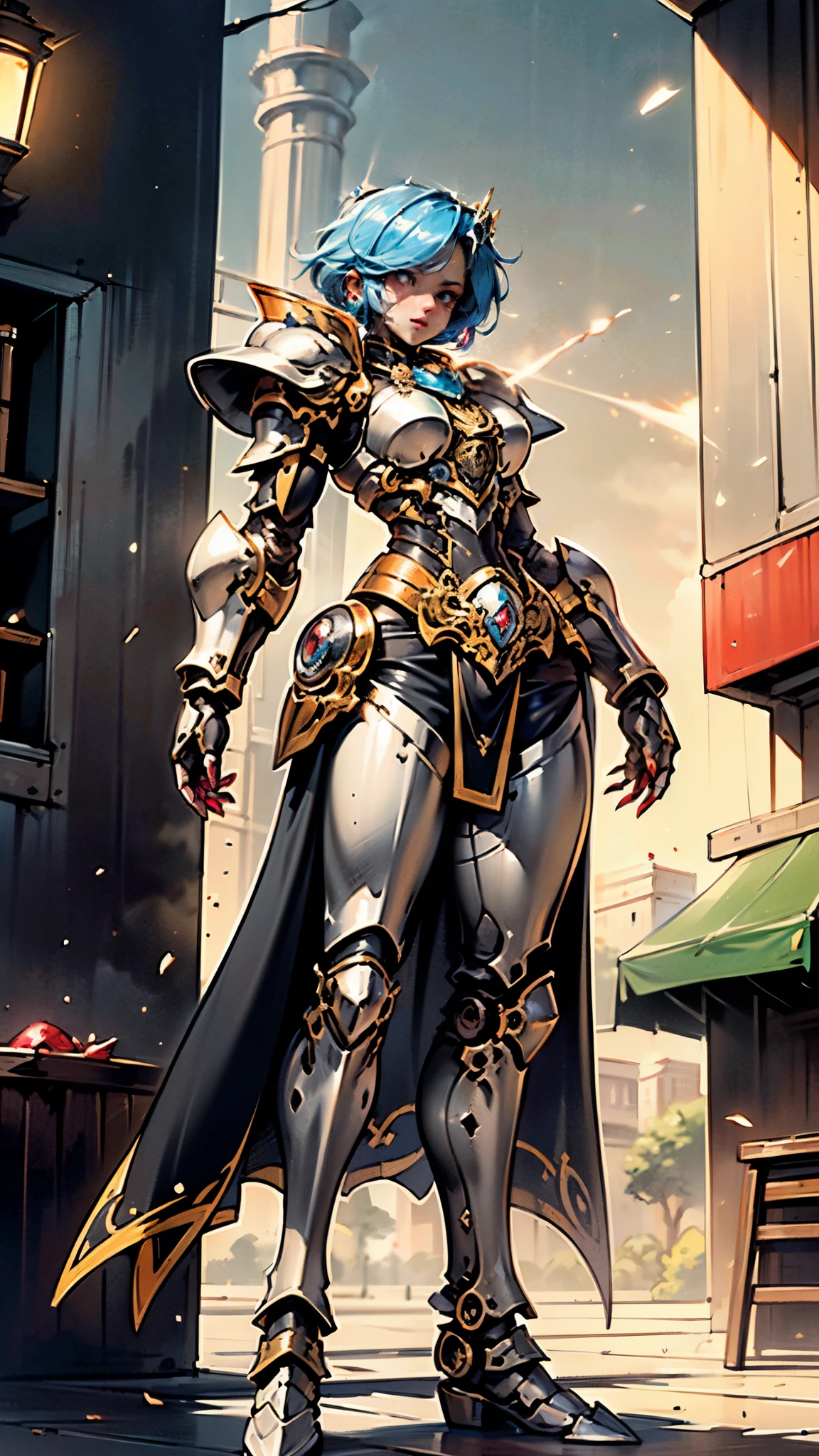 A woman adorned in fantasy-style full-body armor, a crown-concept fully enclosed helmet that unveils only her eyes, a composite layered chest plate, fully encompassing shoulder and hand guards, a lightweight waist armor, form-fitting shin guards, the overall design is heavy-duty yet flexible, ((the armor gleams with a golden glow, complemented by red and blue accents)), exhibiting a noble aura, she floats above a fantasy-surreal high-tech city, this character embodies a finely crafted fantasy-surreal style armored hero in anime style, exquisite and mature manga art style, (Queen bee mixed with Spider concept Armor, plasma, blood), ((Element, energy, elegant, goddess, femminine:1.5)), metallic, high definition, best quality, highres, ultra-detailed, ultra-fine painting, extremely delicate, professional, anatomically correct, symmetrical face, extremely detailed eyes and face, high quality eyes, creativity, RAW photo, UHD, 32k, Natural light, cinematic lighting, masterpiece-anatomy-perfect, masterpiece:1.5