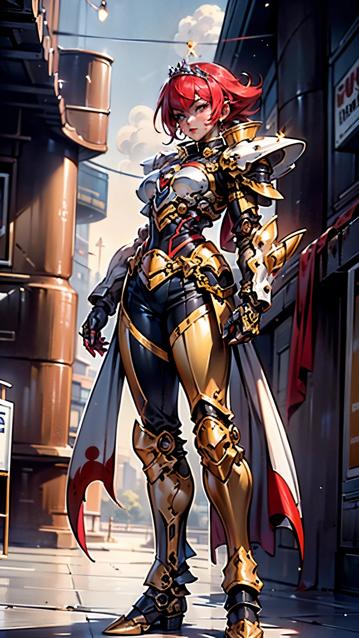 A woman adorned in fantasy-style full-body armor, a crown-concept fully enclosed helmet that unveils only her eyes, a composite layered chest plate, fully encompassing shoulder and hand guards, a lightweight waist armor, form-fitting shin guards, the overall design is heavy-duty yet flexible, ((the armor gleams with a golden glow, complemented by red and blue accents)), exhibiting a noble aura, she floats above a fantasy-surreal high-tech city, this character embodies a finely crafted fantasy-surreal style armored hero in anime style, exquisite and mature manga art style, (Queen bee mixed with Spider concept Armor, plasma, blood), ((Element, energy, elegant, goddess, femminine:1.5)), metallic, high definition, best quality, highres, ultra-detailed, ultra-fine painting, extremely delicate, professional, anatomically correct, symmetrical face, extremely detailed eyes and face, high quality eyes, creativity, RAW photo, UHD, 32k, Natural light, cinematic lighting, masterpiece-anatomy-perfect, masterpiece:1.5