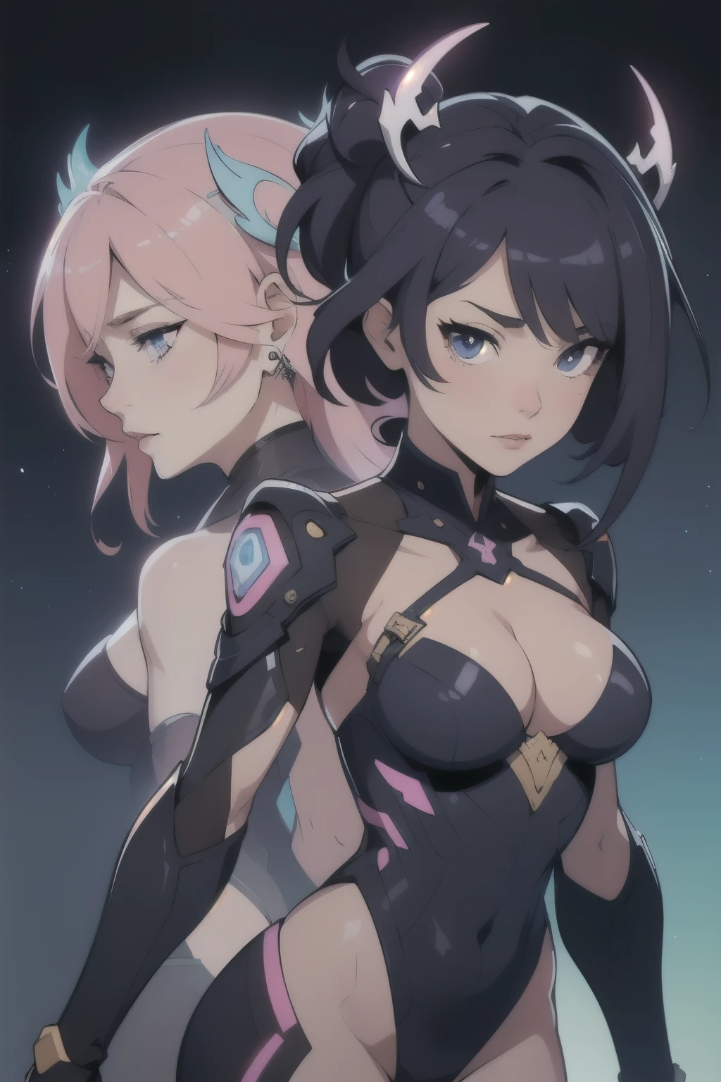 ((Best quality)), ((Masterpiece)), (detailed), perfect face, ((Best quality)), ((Masterpiece)), (detailed), anime characters in a space setting on a blue background, concept art inspired by Krenz Cuschart, trends in the cg community, arabesque, honkai impact, delta macrosa, star guardians, KDA, KDA and sam yang, honkai impact impact character, from the video game honkai impact , cutscene frames, honkai impact 3rd, raiden mei