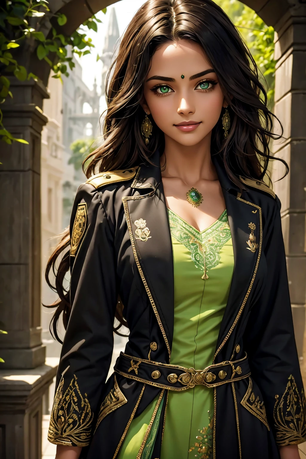 A stunning Indian beauty, with bright green eyes, with dark brown-black long wavy long hair, with mesmerizing feature with a Hopeful smiling expression, finely detailed eyes, happy mood masterpiece, top quality, best quality, official art, beautiful and aesthetic:1.2), (1girl), extreme detailed,(fractal art:1.3), colorful, highest detailed, (masterpiece, best quality:1.3) 1 bright-green-eyed woman, professional digital painting, Unreal Engine 5. Wearing a black-double-breasted-military-trench coat with a black-star embroidered on the shoulder. Wearing a blue linen blouse. Wearing brown linen pleated knee length skirt.
