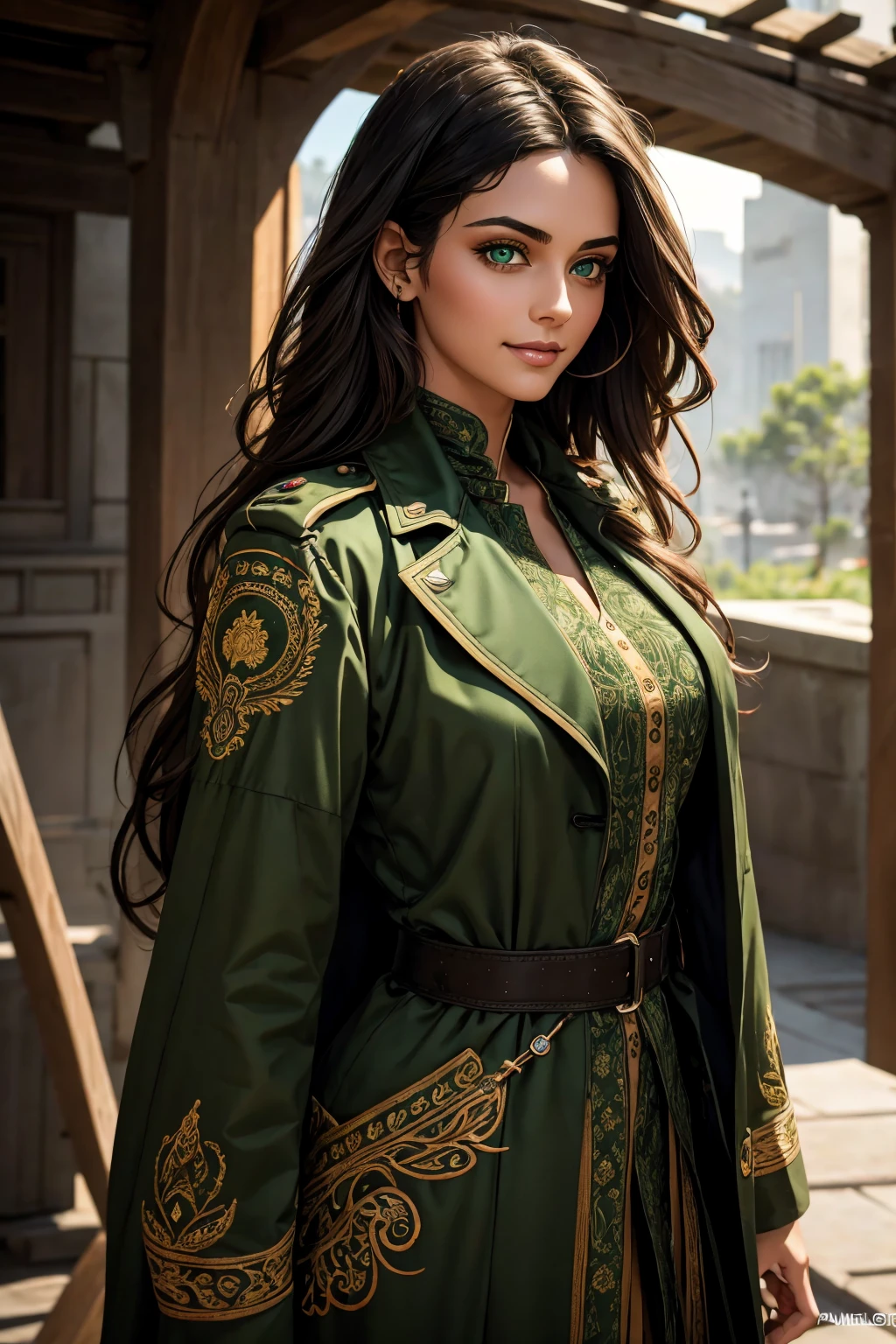 A stunning Indian beauty, with bright green eyes, with dark brown-black long wavy long hair, with mesmerizing feature with a Hopeful smiling expression, finely detailed eyes, happy mood masterpiece, top quality, best quality, official art, beautiful and aesthetic:1.2), (1girl), extreme detailed,(fractal art:1.3), colorful, highest detailed, (masterpiece, best quality:1.3) 1 bright-green-eyed woman, professional digital painting, Unreal Engine 5. Wearing a black-double-breasted-military-trench coat with a black-star embroidered on the shoulder. Wearing a blue linen blouse. Wearing brown linen pleated knee length skirt.
