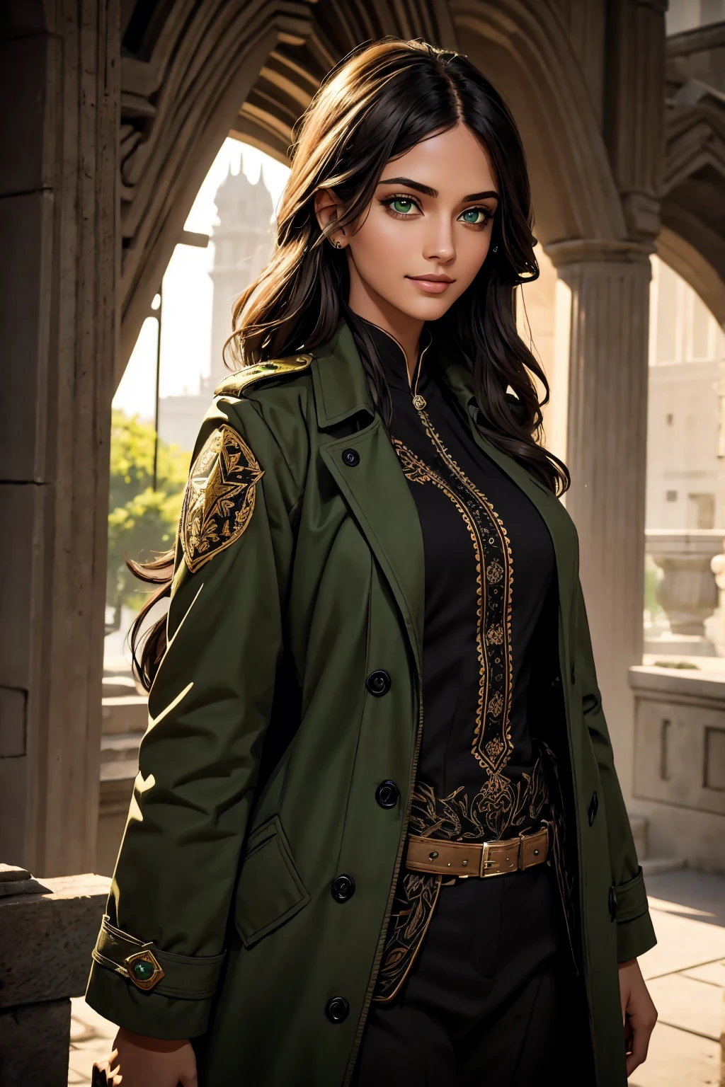 A stunning Indian beauty, with bright green eyes, with dark brown-black long wavy long hair, with mesmerizing feature with a Hopeful smiling expression, finely detailed eyes, happy mood masterpiece, top quality, best quality, official art, beautiful and aesthetic:1.2), (1girl), extreme detailed,(fractal art:1.3), colorful, highest detailed, (masterpiece, best quality:1.3) 1 bright-green-eyed woman, professional digital painting, Unreal Engine 5. Wearing a black-double-breasted-military-trench coat with a black-star embroidered on the shoulder. Wearing a blue linen blouse. Wearing brown linen pleated knee length skirt.
