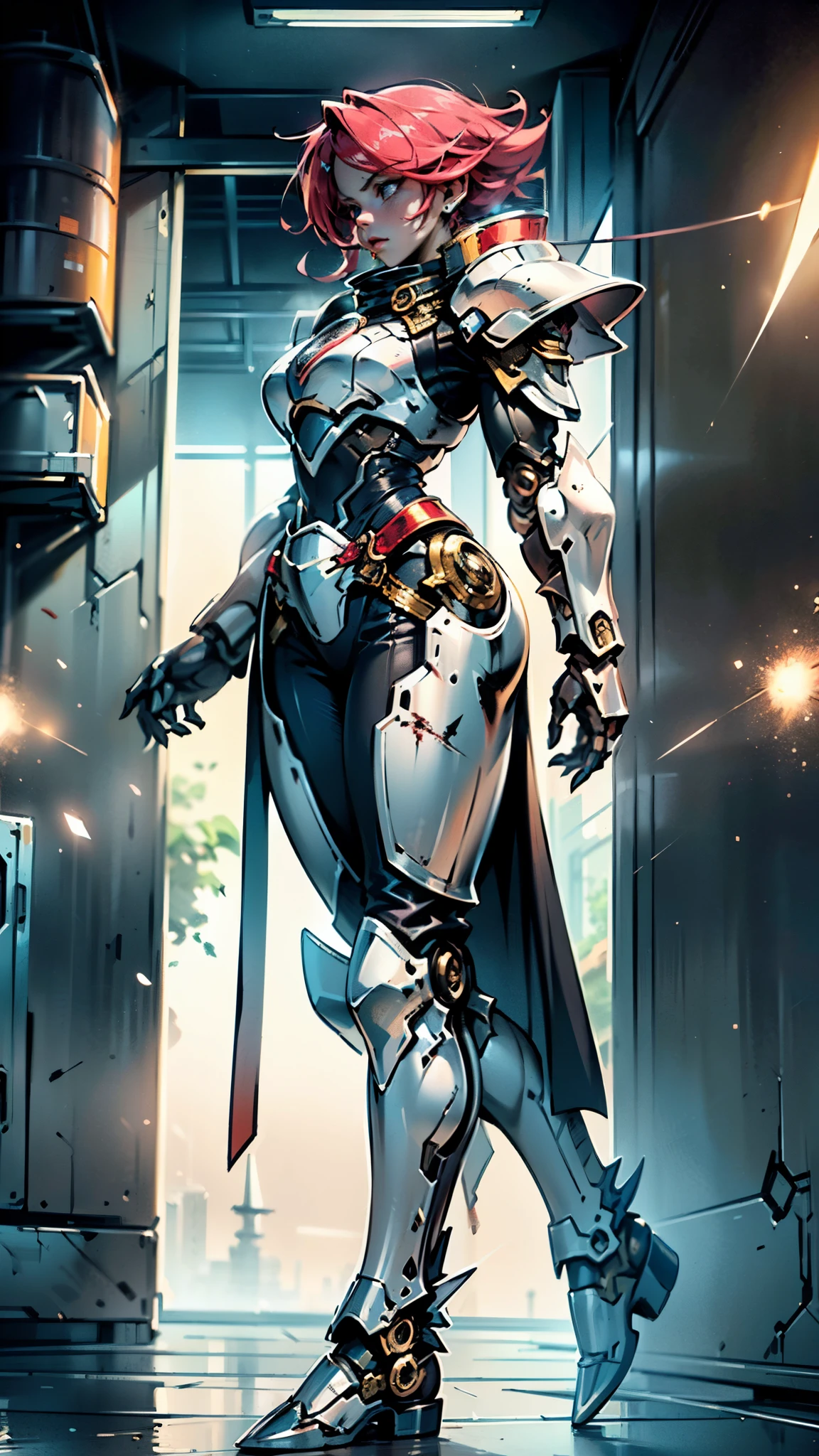 A woman adorned in fantasy-style full-body armor, a crown-concept fully enclosed helmet that unveils only her eyes, a composite layered chest plate, fully encompassing shoulder and hand guards, a lightweight waist armor, form-fitting shin guards, the overall design is heavy-duty yet flexible, ((the armor gleams with a golden glow, complemented by red and blue accents)), exhibiting a noble aura, she floats above a fantasy-surreal high-tech city, this character embodies a finely crafted fantasy-surreal style armored hero in anime style, exquisite and mature manga art style, (Queen bee mixed with Spider concept Armor, plasma, blood), ((Element, energy, elegant, goddess, femminine:1.5)), metallic, high definition, best quality, highres, ultra-detailed, ultra-fine painting, extremely delicate, professional, anatomically correct, symmetrical face, extremely detailed eyes and face, high quality eyes, creativity, RAW photo, UHD, 32k, Natural light, cinematic lighting, masterpiece-anatomy-perfect, masterpiece:1.5