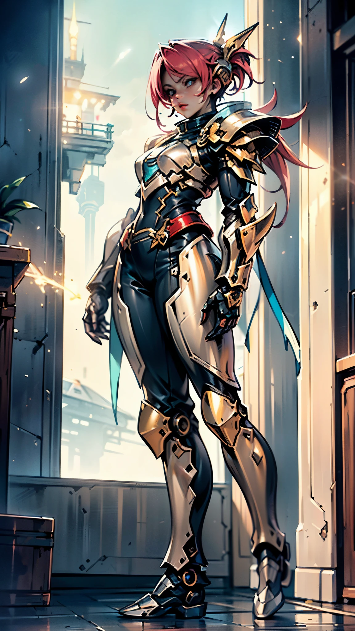 A woman adorned in fantasy-style full-body armor, a crown-concept fully enclosed helmet that unveils only her eyes, a composite layered chest plate, fully encompassing shoulder and hand guards, a lightweight waist armor, form-fitting shin guards, the overall design is heavy-duty yet flexible, ((the armor gleams with a golden glow, complemented by red and blue accents)), exhibiting a noble aura, she floats above a fantasy-surreal high-tech city, this character embodies a finely crafted fantasy-surreal style armored hero in anime style, exquisite and mature manga art style, (Queen bee mixed with Spider concept Armor, plasma, blood), ((Element, energy, elegant, goddess, femminine:1.5)), metallic, high definition, best quality, highres, ultra-detailed, ultra-fine painting, extremely delicate, professional, anatomically correct, symmetrical face, extremely detailed eyes and face, high quality eyes, creativity, RAW photo, UHD, 32k, Natural light, cinematic lighting, masterpiece-anatomy-perfect, masterpiece:1.5