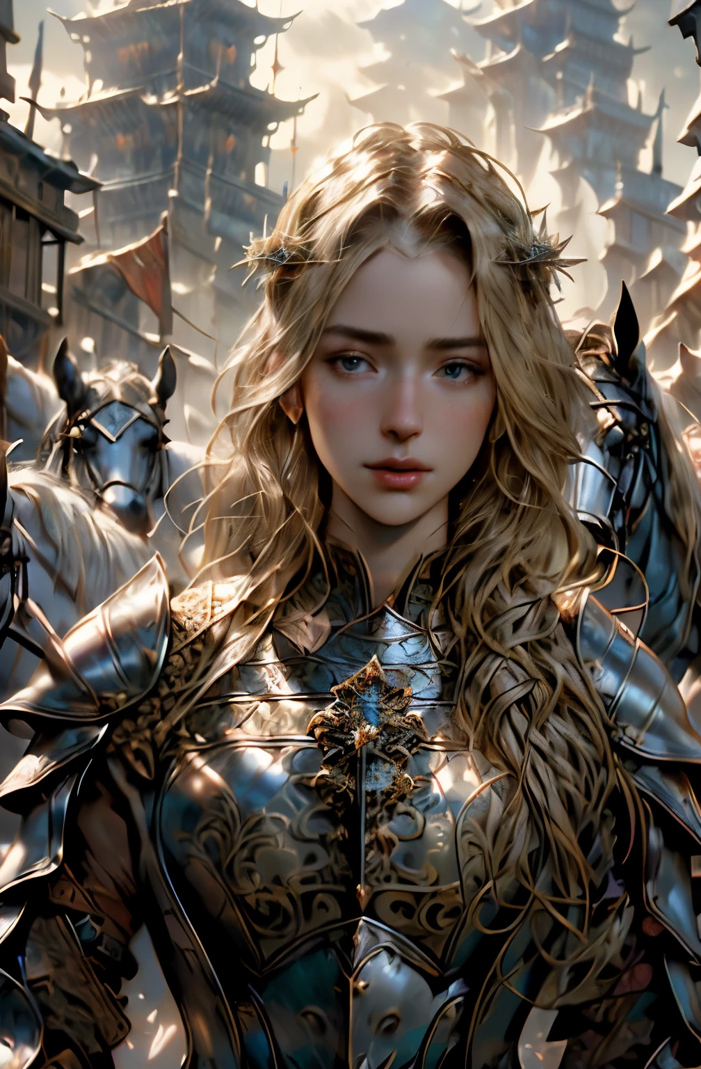 (masterpiece), (extremely intricate:1.3), (realistic), portrait of a girl, the most beautiful in the world, (medieval armor), metal reflections, upper body, outdoors, intense sunlight, far away castle, professional photograph of a stunning woman detailed, sharp focus, dramatic, award winning, cinematic lighting, octane render, unreal engine, volumetrics dtx, (film grain)