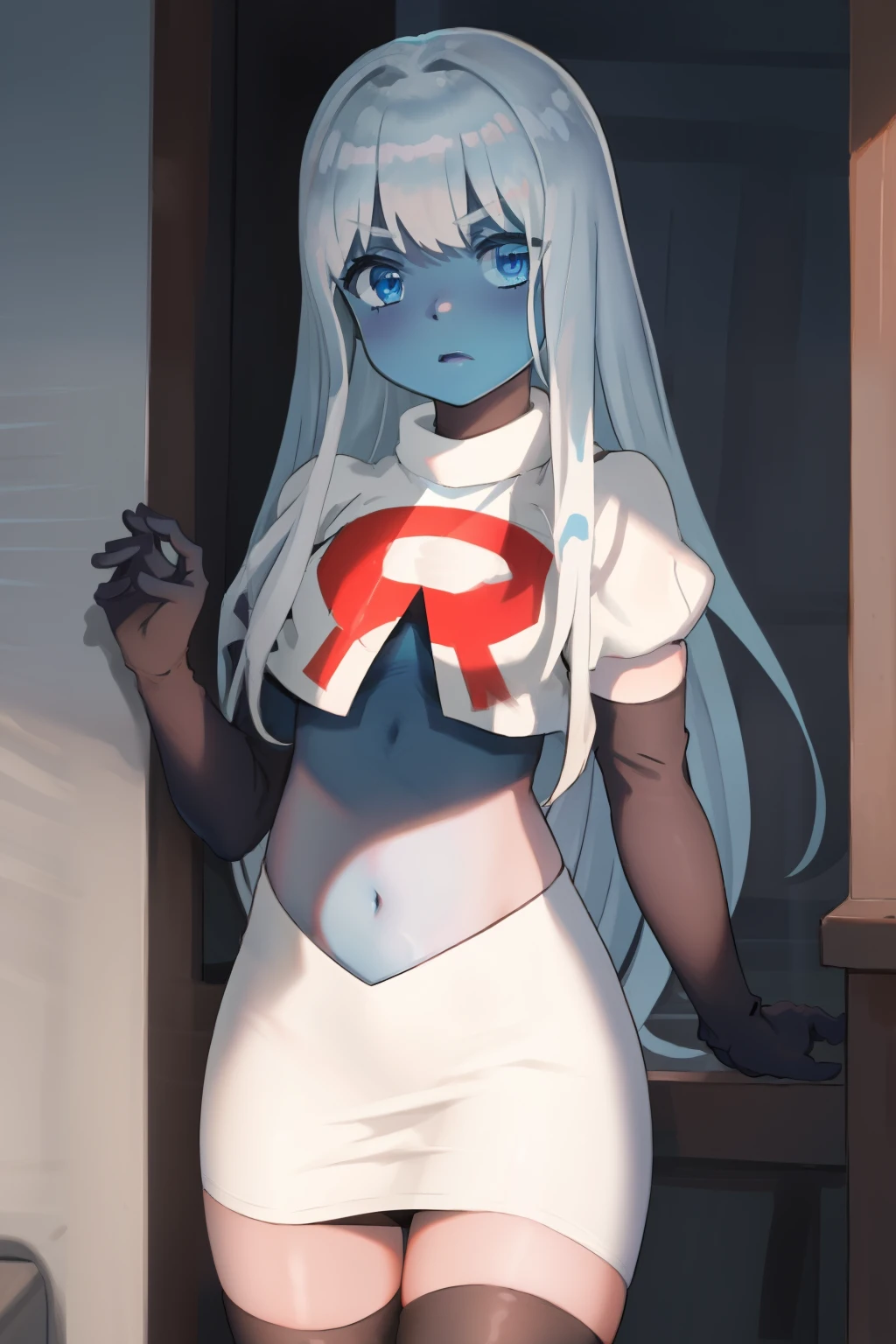 001,masterpiece,((blue skin)), team rocket,team rocket uniform,white skirt,red letter R,crop top,black thigh-highs,black elbow gloves