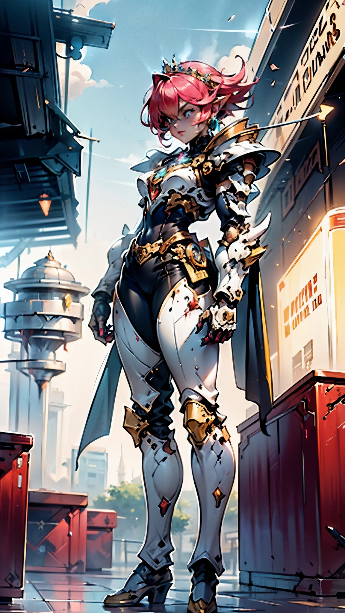 A woman adorned in fantasy-style full-body armor, a crown-concept fully enclosed helmet that unveils only her eyes, a composite layered chest plate, fully encompassing shoulder and hand guards, a lightweight waist armor, form-fitting shin guards, the overall design is heavy-duty yet flexible, ((the armor gleams with a golden glow, complemented by red and blue accents)), exhibiting a noble aura, she floats above a fantasy-surreal high-tech city, this character embodies a finely crafted fantasy-surreal style armored hero in anime style, exquisite and mature manga art style, (Queen bee mixed with Spider concept Armor, plasma, blood), ((Element, energy, elegant, goddess, femminine:1.5)), metallic, high definition, best quality, highres, ultra-detailed, ultra-fine painting, extremely delicate, professional, anatomically correct, symmetrical face, extremely detailed eyes and face, high quality eyes, creativity, RAW photo, UHD, 32k, Natural light, cinematic lighting, masterpiece-anatomy-perfect, masterpiece:1.5