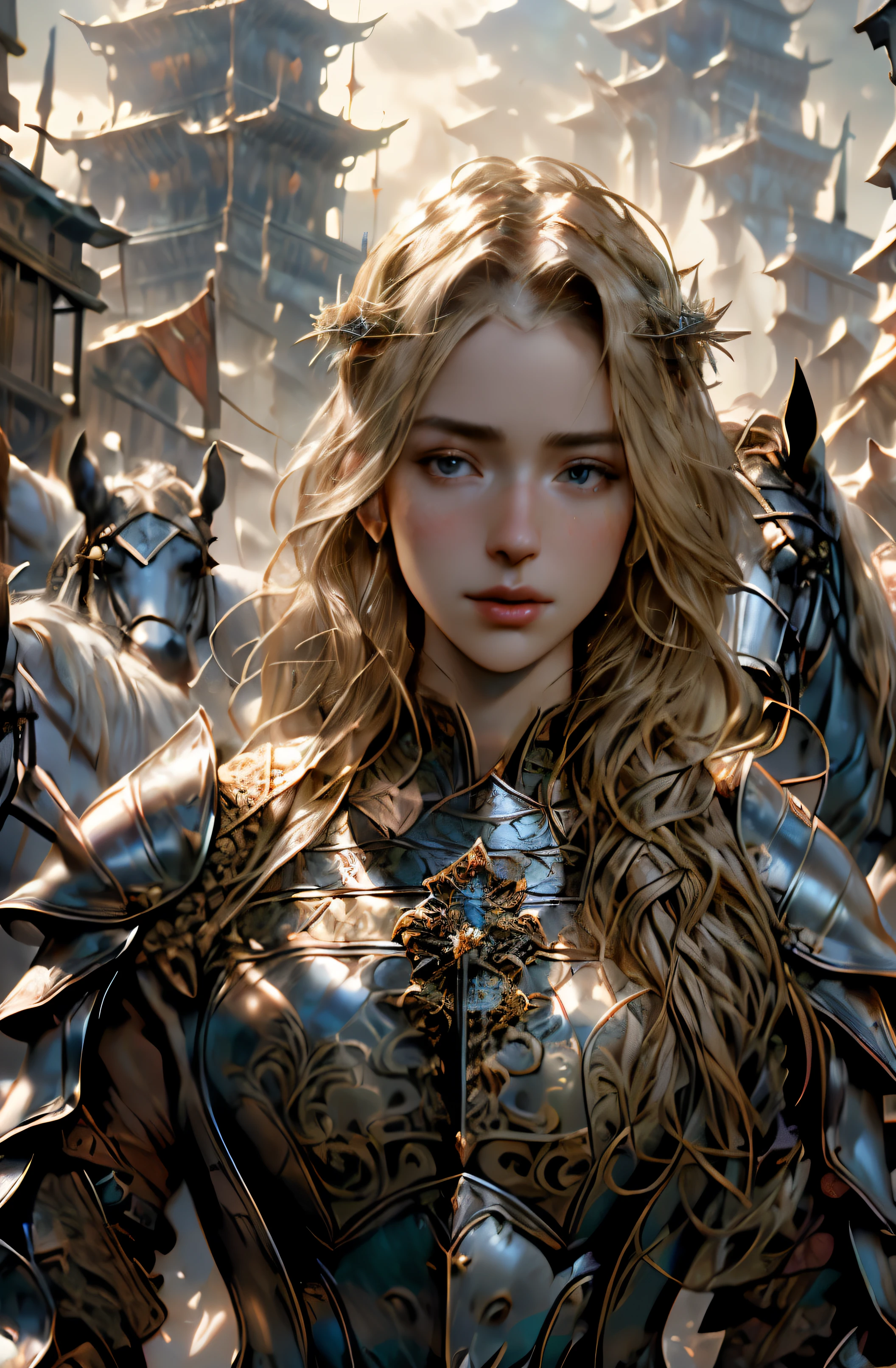 (masterpiece), (extremely intricate:1.3), (realistic), portrait of a girl, the most beautiful in the world, (medieval armor), metal reflections, upper body, outdoors, intense sunlight, far away castle, professional photograph of a stunning woman detailed, sharp focus, dramatic, award winning, cinematic lighting, octane render, unreal engine, volumetrics dtx, (film grain)