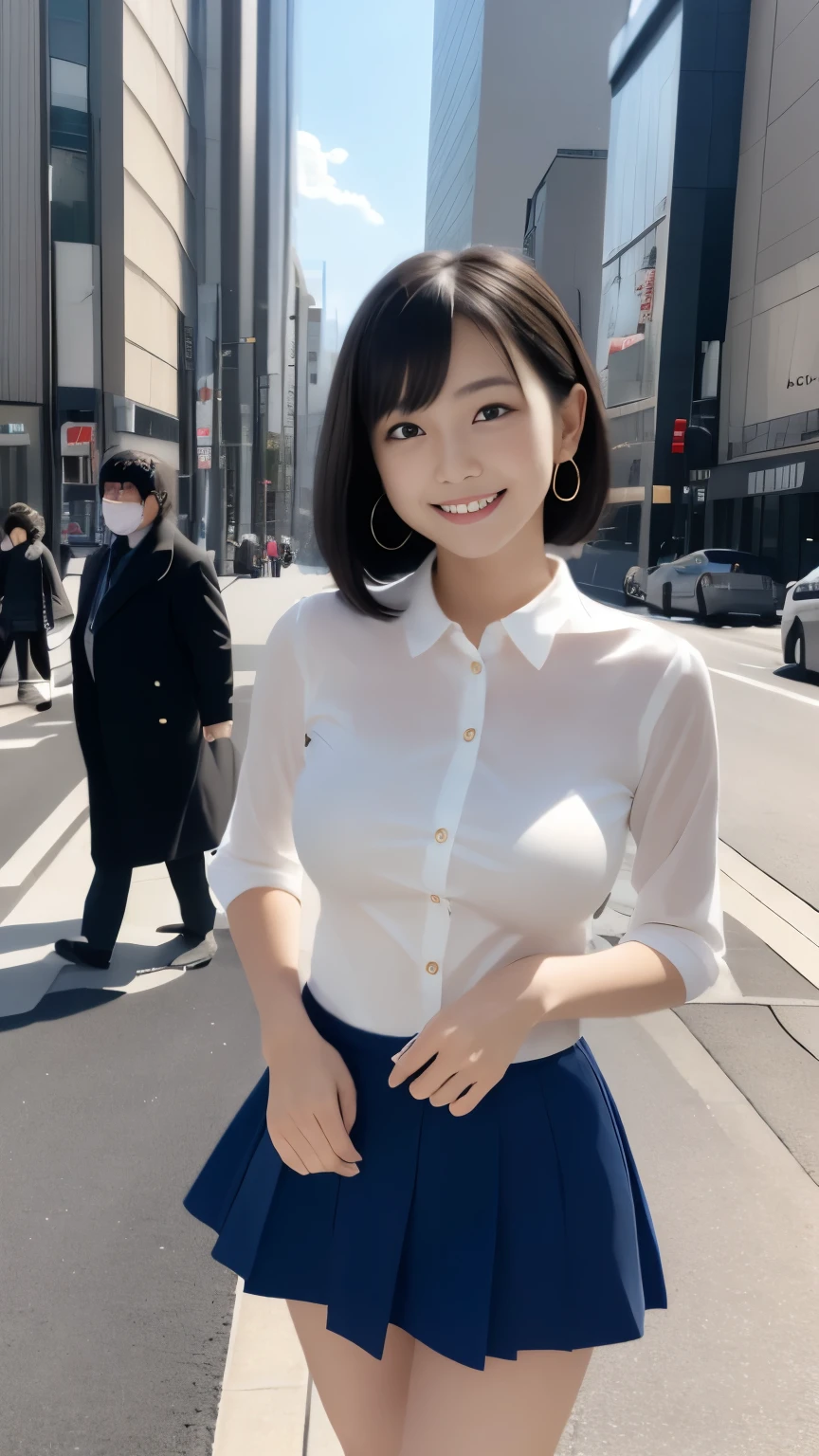 (Masterpiece, Best quality, RAW photo, Surrealism, 8k, Super detailed, Super beautiful), 
(Anatomically correct, Perfect human body, Silky skin, Realistic skin, maiko, ************, Japanese girl, Idle face, Slim waist, Slender legs, Large breast, Baby face, Beautiful and cute face), 
(Round face, Black hair, Moist eyes, Shining eyes, Short bob cut, Bangs, Down-slating eyebrows, one little earring, Light blush), 
(turn the body forward), (Staring at the viewer), 
(smile), 
(flare skirt, royal blue knit)
(City sidewalk, Tokyo, luxury buildings, large number of passersby), 
Natural lighting, full length, whole body, angle from below