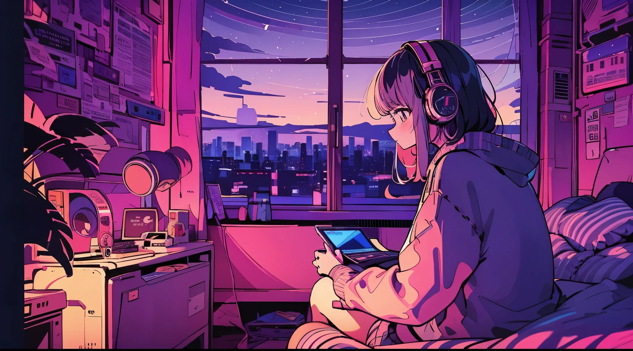 (from behind), Anime girl sitting in front of a computer in a cozy bedroom, girl listening to music in a cozy room (night), Using headphones, on the roof, (beautiful night views from windows), lots of things, 2D anime style, The aesthetics of anime in the 90s, lo-fi, very detailed, hard disk, A mix of anime style and Fujifilm, surreal, 8k, masterpiece