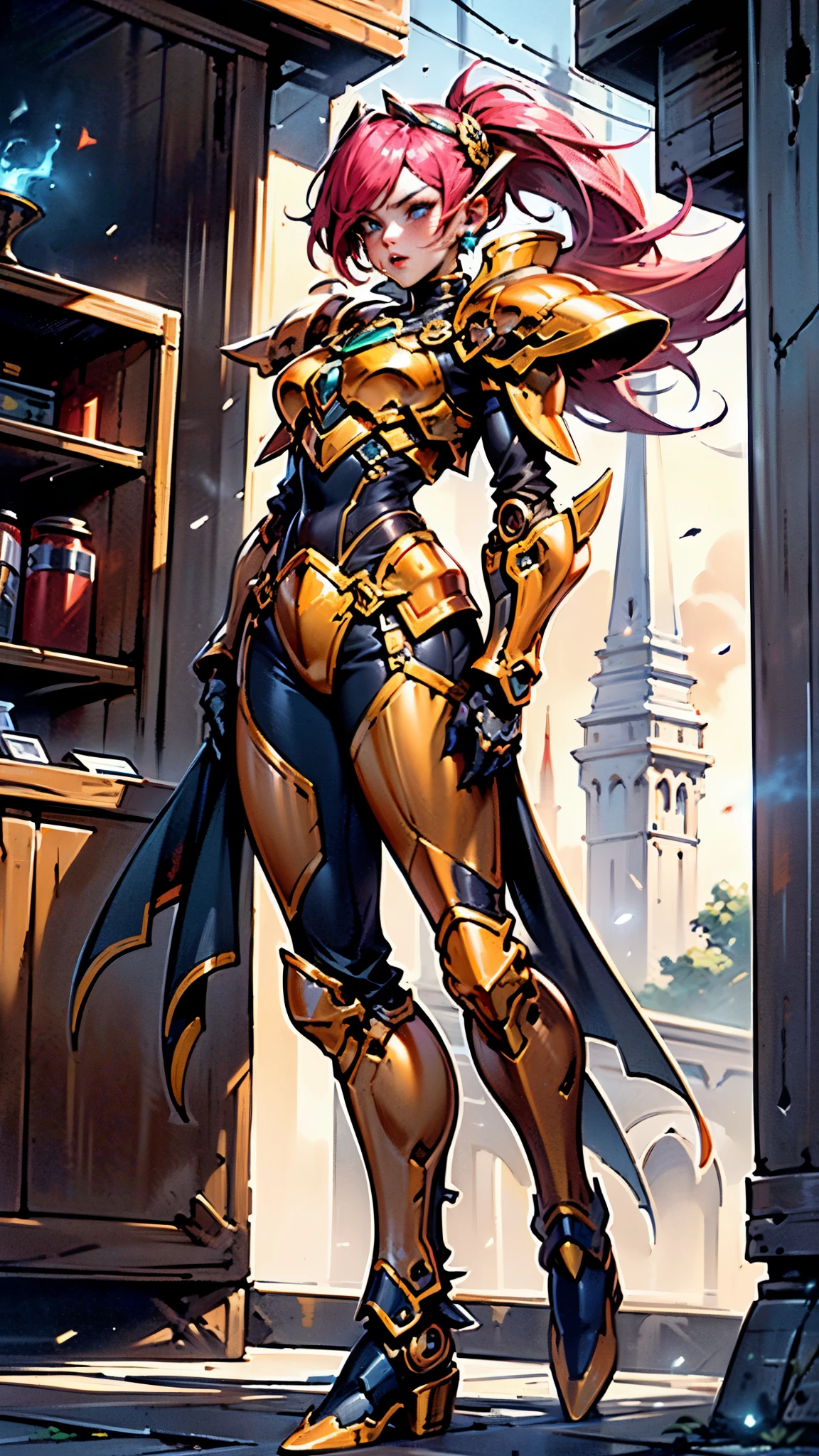 A woman adorned in fantasy-style full-body armor, a crown-concept fully enclosed helmet that unveils only her eyes, a composite layered chest plate, fully encompassing shoulder and hand guards, a lightweight waist armor, form-fitting shin guards, the overall design is heavy-duty yet flexible, ((the armor gleams with a golden glow, complemented by red and blue accents)), exhibiting a noble aura, she floats above a fantasy-surreal high-tech city, this character embodies a finely crafted fantasy-surreal style armored hero in anime style, exquisite and mature manga art style, (Queen bee mixed with Spider concept Armor, plasma, blood), ((Element, energy, elegant, goddess, femminine:1.5)), metallic, high definition, best quality, highres, ultra-detailed, ultra-fine painting, extremely delicate, professional, anatomically correct, symmetrical face, extremely detailed eyes and face, high quality eyes, creativity, RAW photo, UHD, 32k, Natural light, cinematic lighting, masterpiece-anatomy-perfect, masterpiece:1.5