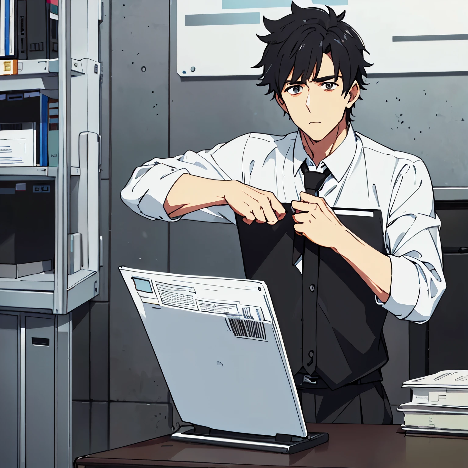 1 White man with messy black hair and an office outfit straightening his tie while in his office, he has a tired look but he is very handsome