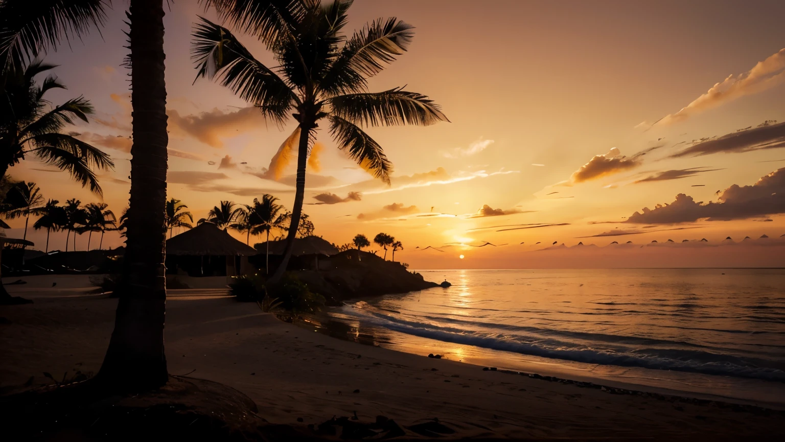Silhouetted palm trees against a vivid sunset backdrop; each tree stands tall and graceful, their fronds swaying gently in the warm breeze. This striking image is captured in a stunning photograph, highlighting the contrast between the deep orange hues of the sky and the dark outlines of the trees. The composition is beautifully balanced, creating a sense of tranquility and natural beauty. The sharpness of the details and the richness of colors make this image a true masterpiece, showcasing the beauty of nature in all its splendor.