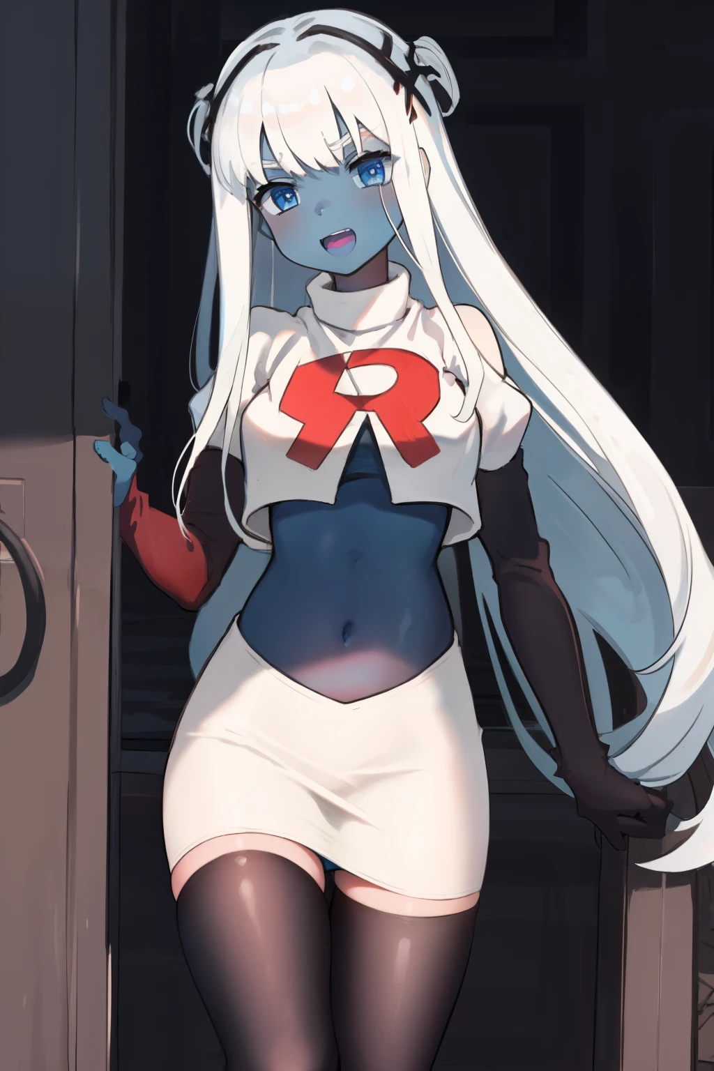 001,masterpiece,((blue skin)), team rocket,team rocket uniform,white skirt,red letter R,crop top,black thigh-highs,black elbow gloves