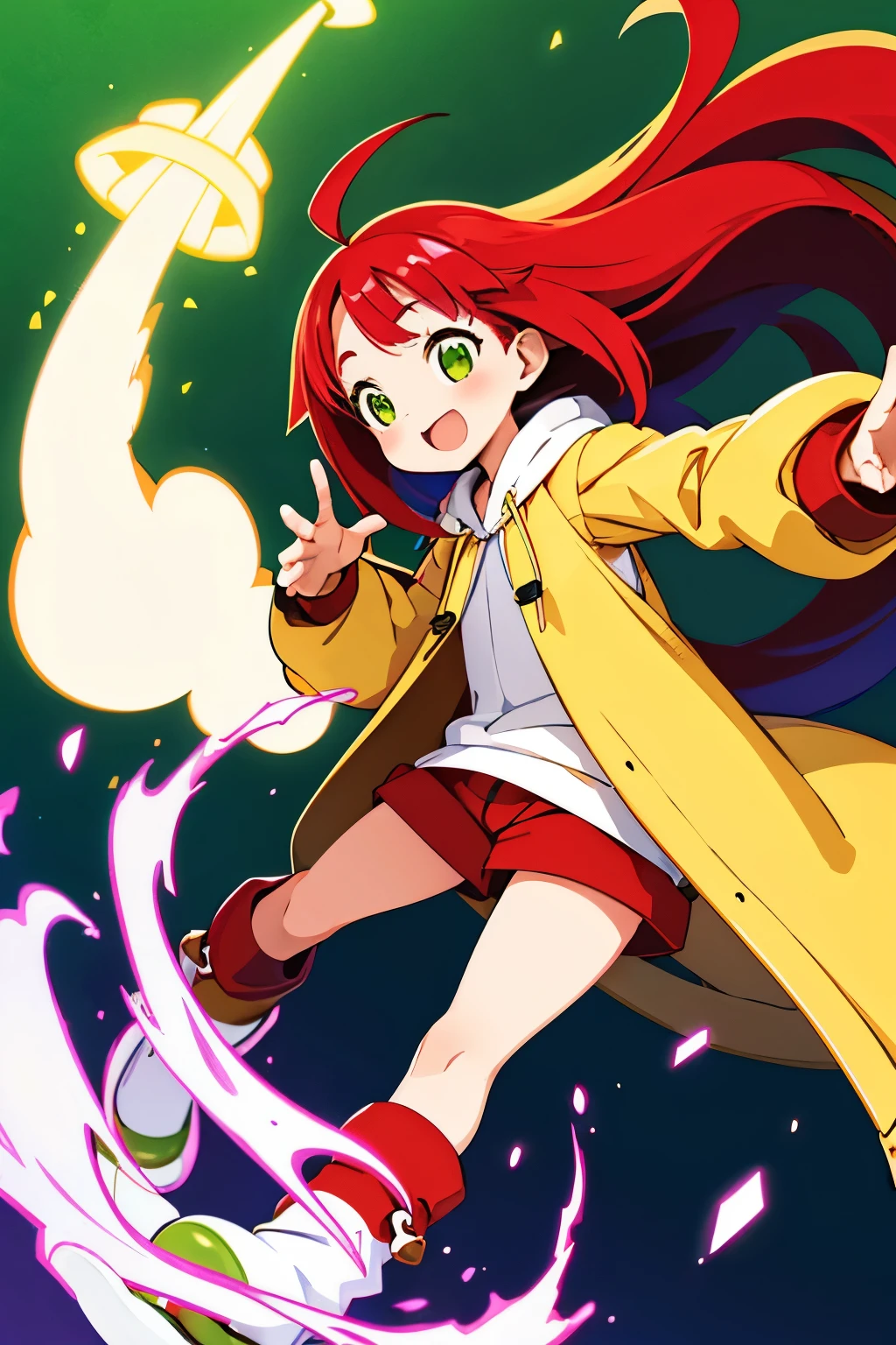  young baby face squishy cheeks smiling slanted eyes slightly open mouth red cheeks flowing bangs long flowing hair straight hair small ahoge long sideburns light red hair yellow-green eyes white pupils slightly white skin baggy hoodie hoodie is yellow green shorts, brown leather boots, navy high socks, and a shoulder bag.