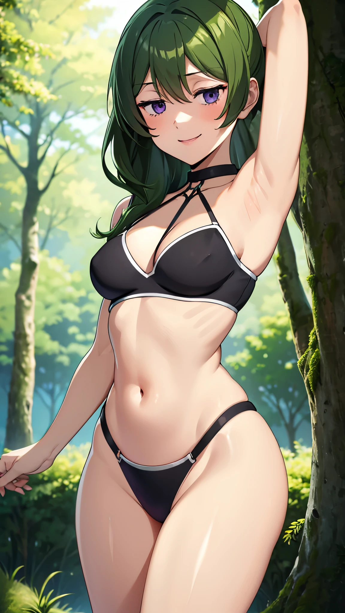 masterpiece, highres, solo, 8k, detailed, perfect face, (ultra high quality), looking viewers, collar bones, armpit, small breast, cleavage, green hair, violet eyes, belly, stomach, navel, mini short, slim body, smile, blush, thigh, background in forest