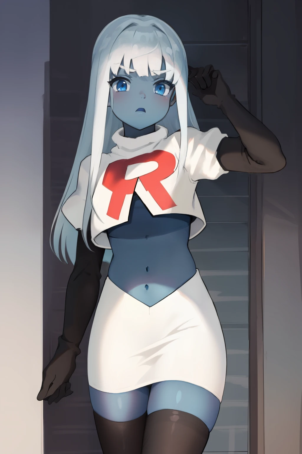 001,masterpiece,((blue skin)), team rocket,team rocket uniform,white skirt,red letter R,crop top,black thigh-highs,black elbow gloves