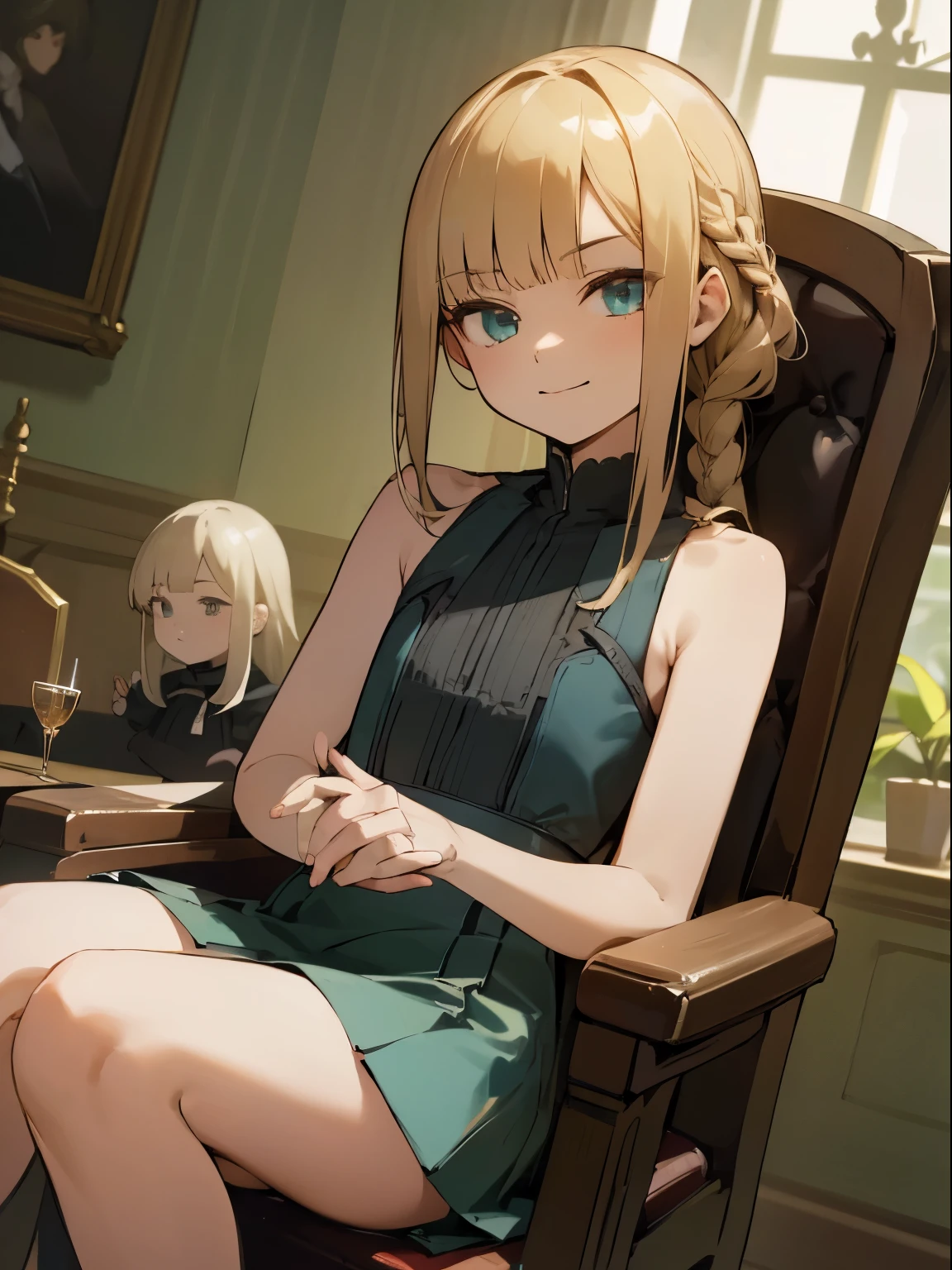 Reines, 1girl, high quality, best quality, illustration, masterpiece, (highly detailed:1.2), (extremely detailed:1.3), flat chest, sleeveless, backless, bare shoulders, young girl, mini skirt, bottomless, braid, (children:1.2), slender thighs, , in a house, sitting on chair, smiling