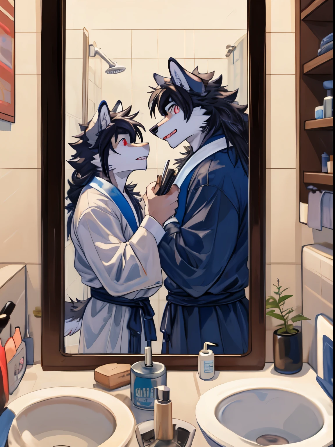 male gray wolf，Blue and white long hair，Blue-red eyes，standing in the bathroom，Wearing gray bathrobe，thin body，little boy，Brush your teeth in the mirror