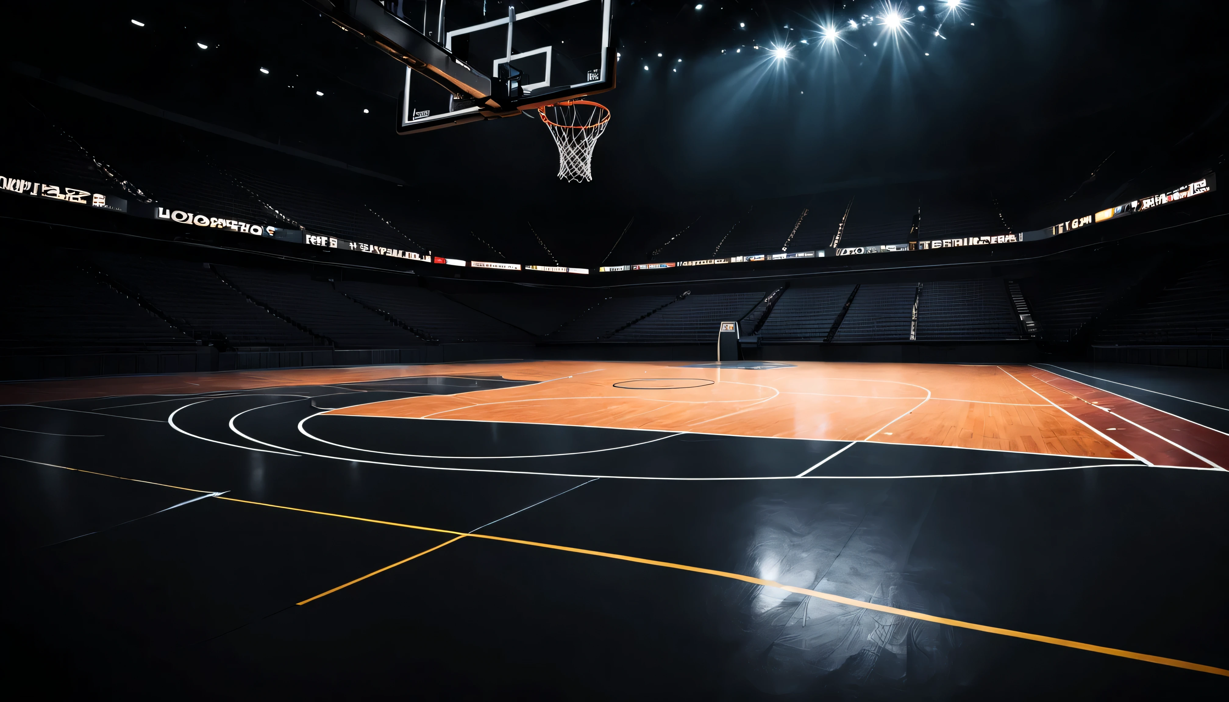 a basketball in the middle of an empty, empty, dark court, and you could see light coming from outside into the gap